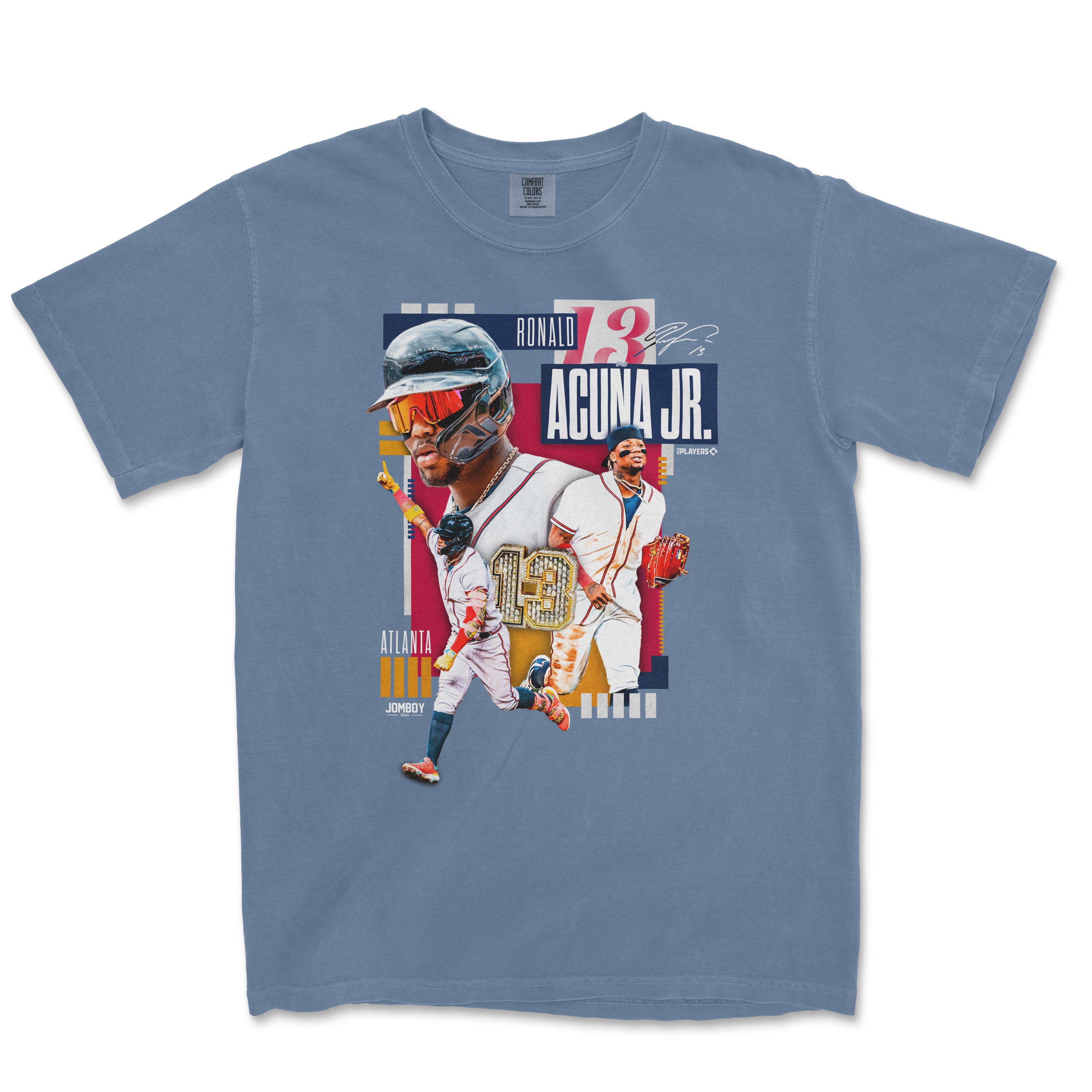 Blue T-shirt featuring Ronald Acuña Jr. signature, multiple images of him in baseball gear, and colorful graphic design elements.