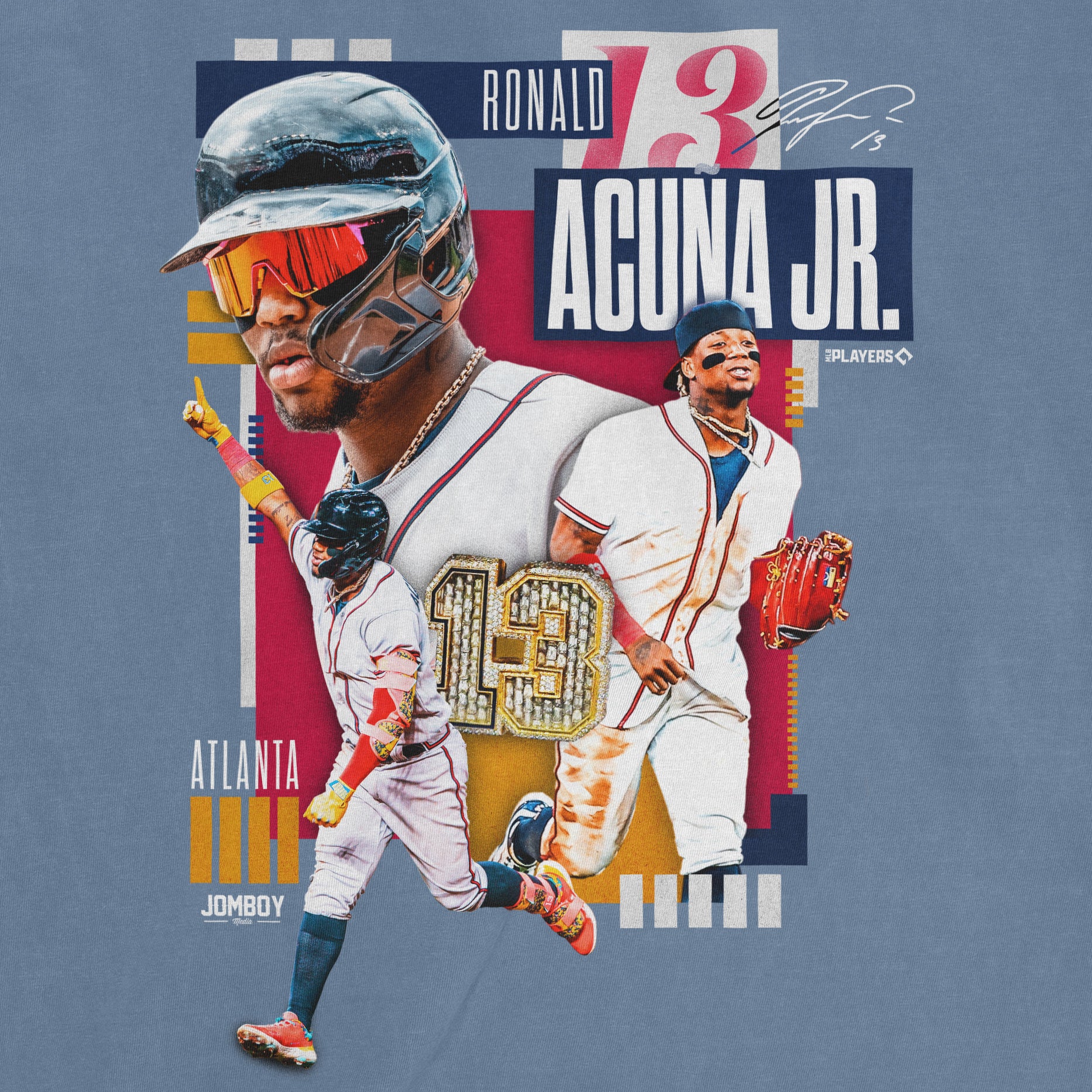 Close-up of a graphic T-shirt featuring Ronald Acuña Jr. with multiple images, signatures, and colorful design elements.