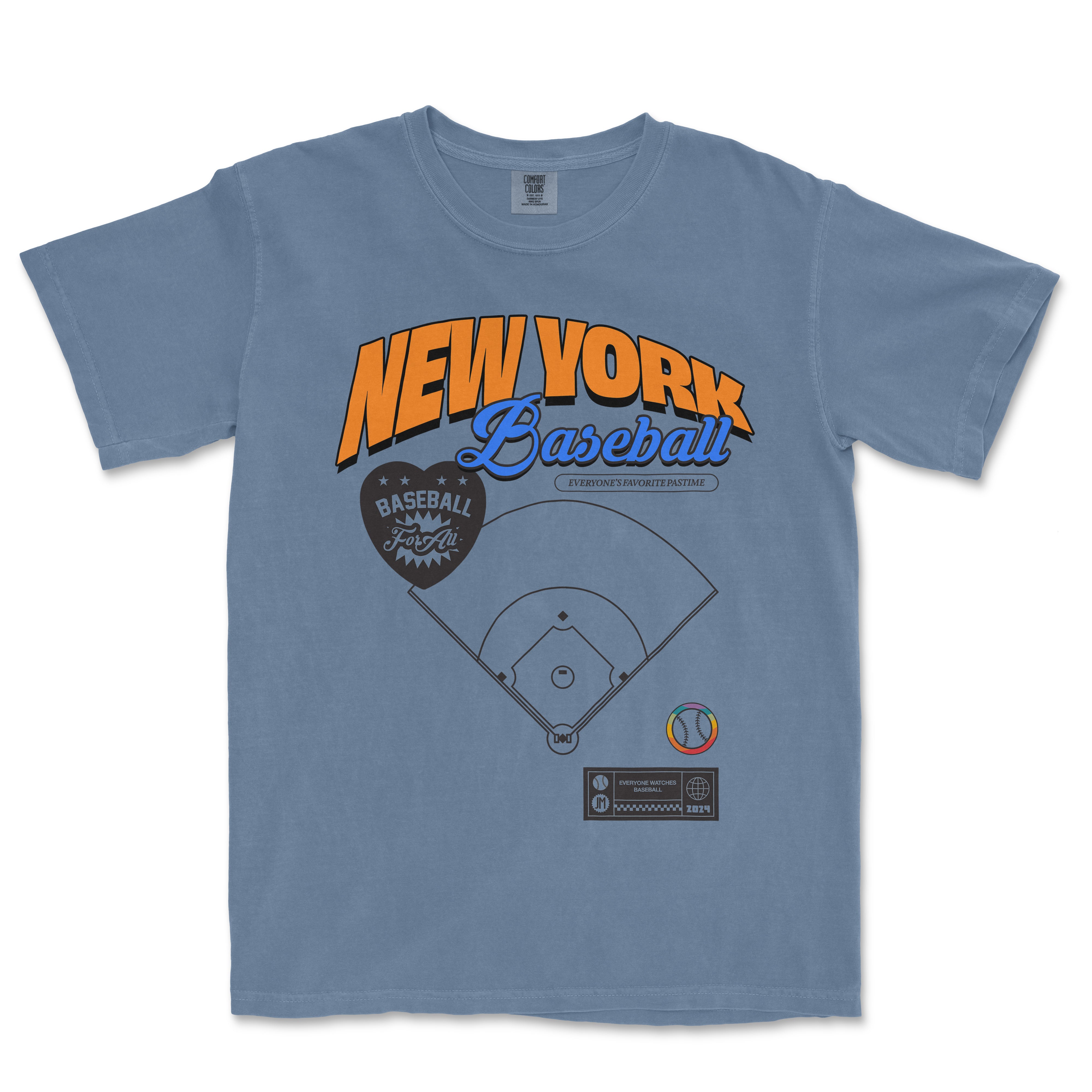 Blue T-shirt featuring "New York Baseball" text, a baseball field diagram, and various graphic elements celebrating baseball.