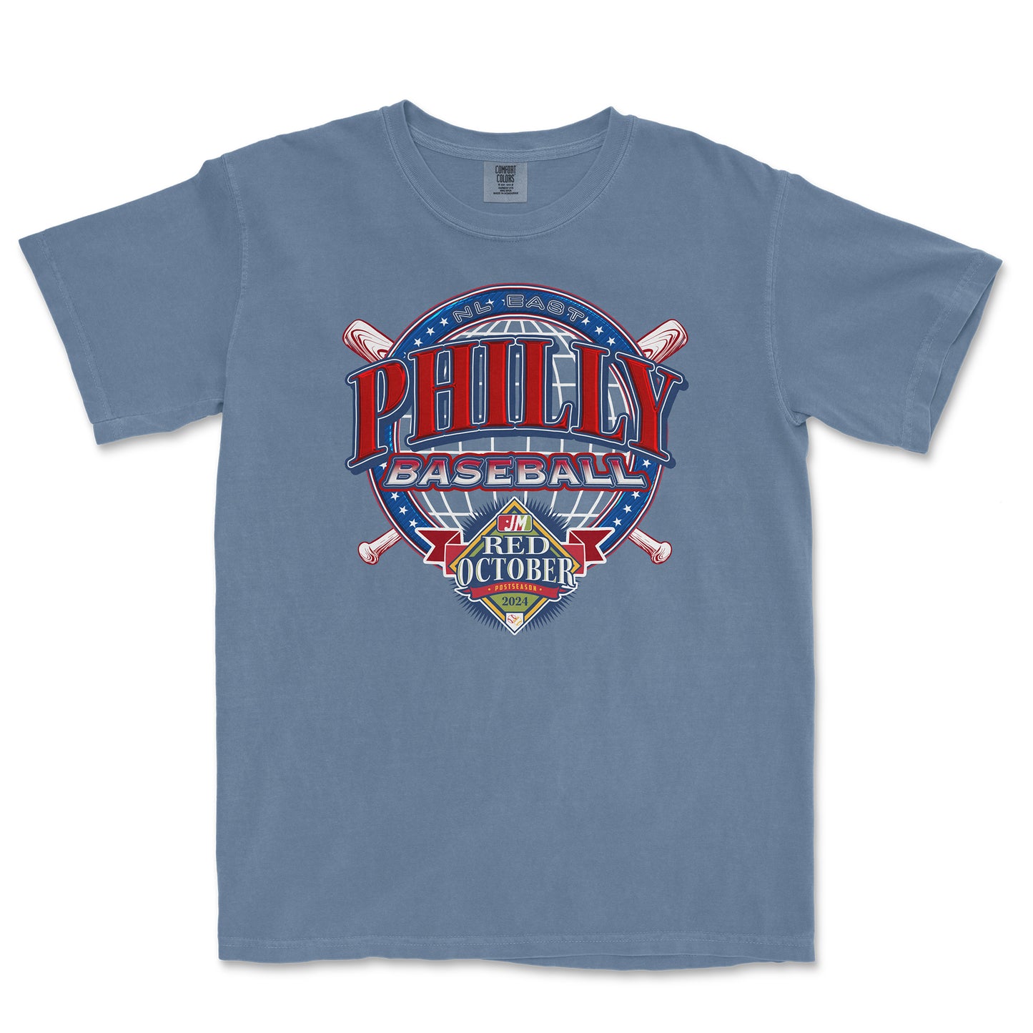 Blue T-shirt featuring a colorful graphic design with "Philly Baseball" and "Red October 2024" text, baseball bats, and a globe motif.