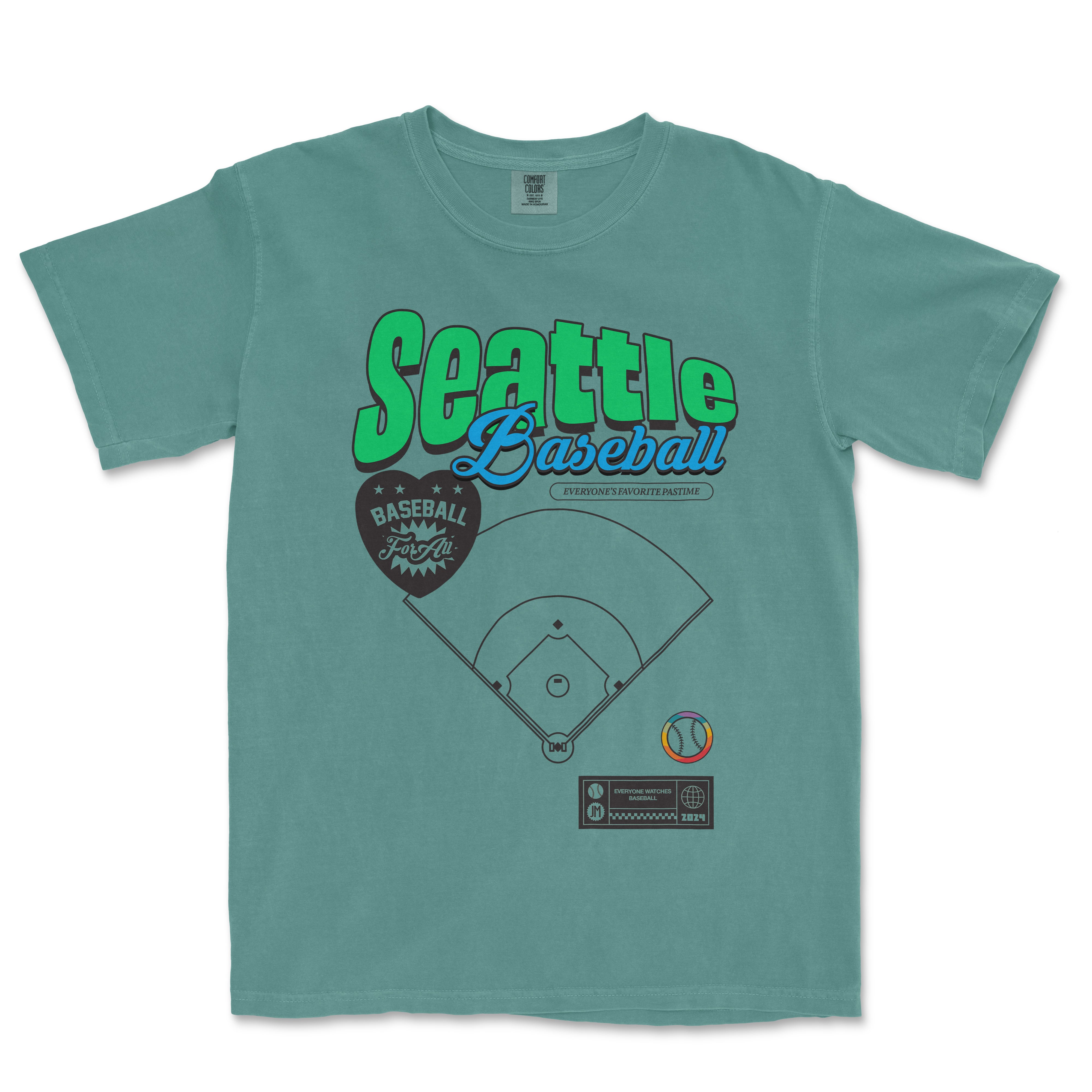 A teal T-shirt featuring a graphic design with "Seattle Baseball" text, a baseball field diagram, and colorful baseball icons.