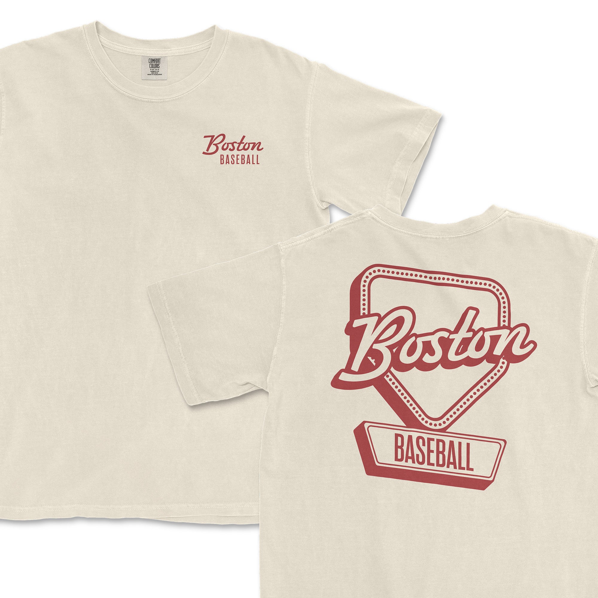 Cream-colored t-shirt featuring "Boston Baseball" in red on the front and a large graphic on the back with a baseball diamond design.