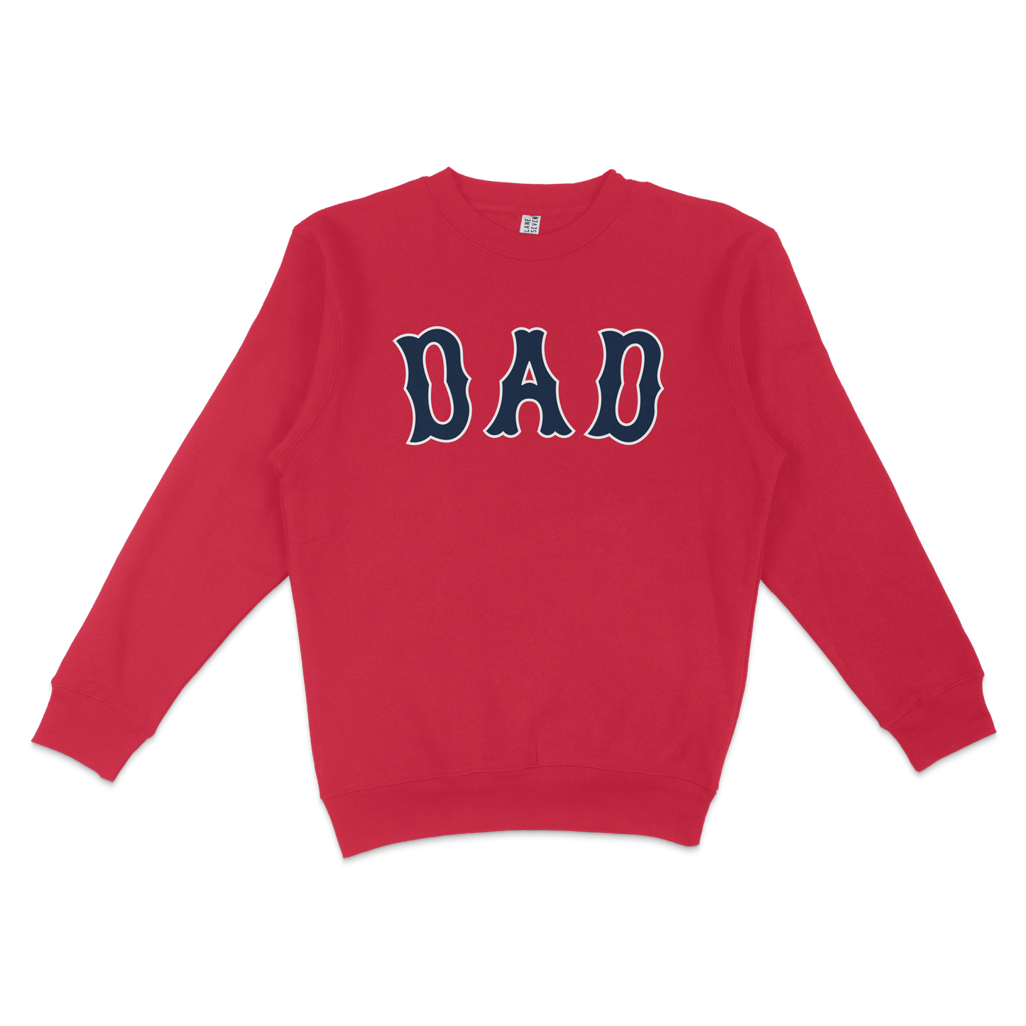 Red crewneck sweatshirt with "DAD" in bold navy and white lettering, perfect for Boston baseball dads.