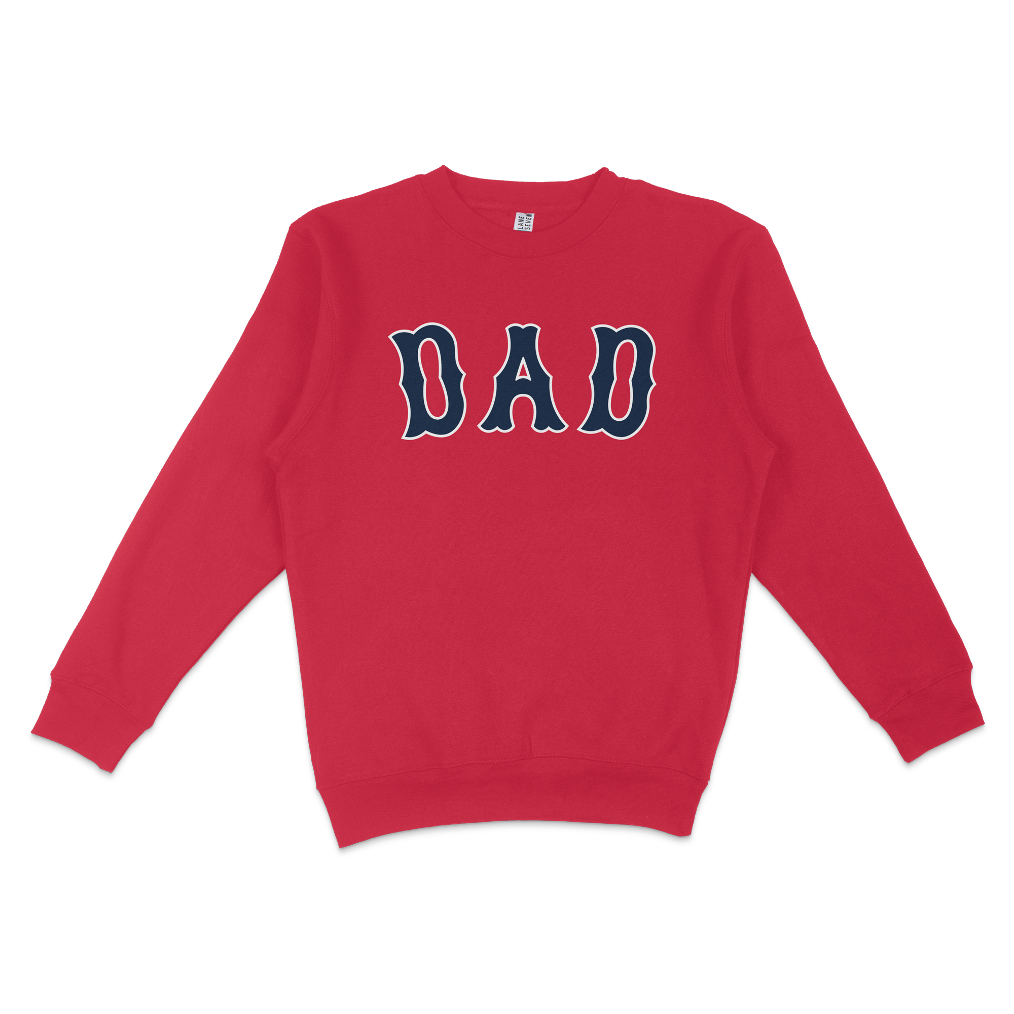 Red crewneck sweatshirt with "DAD" in bold navy and white lettering, perfect for Boston baseball dads.