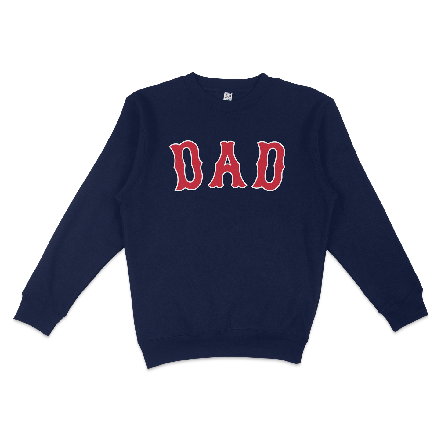 Navy crewneck sweatshirt with bold red and white "DAD" lettering, perfect for Boston baseball dads.