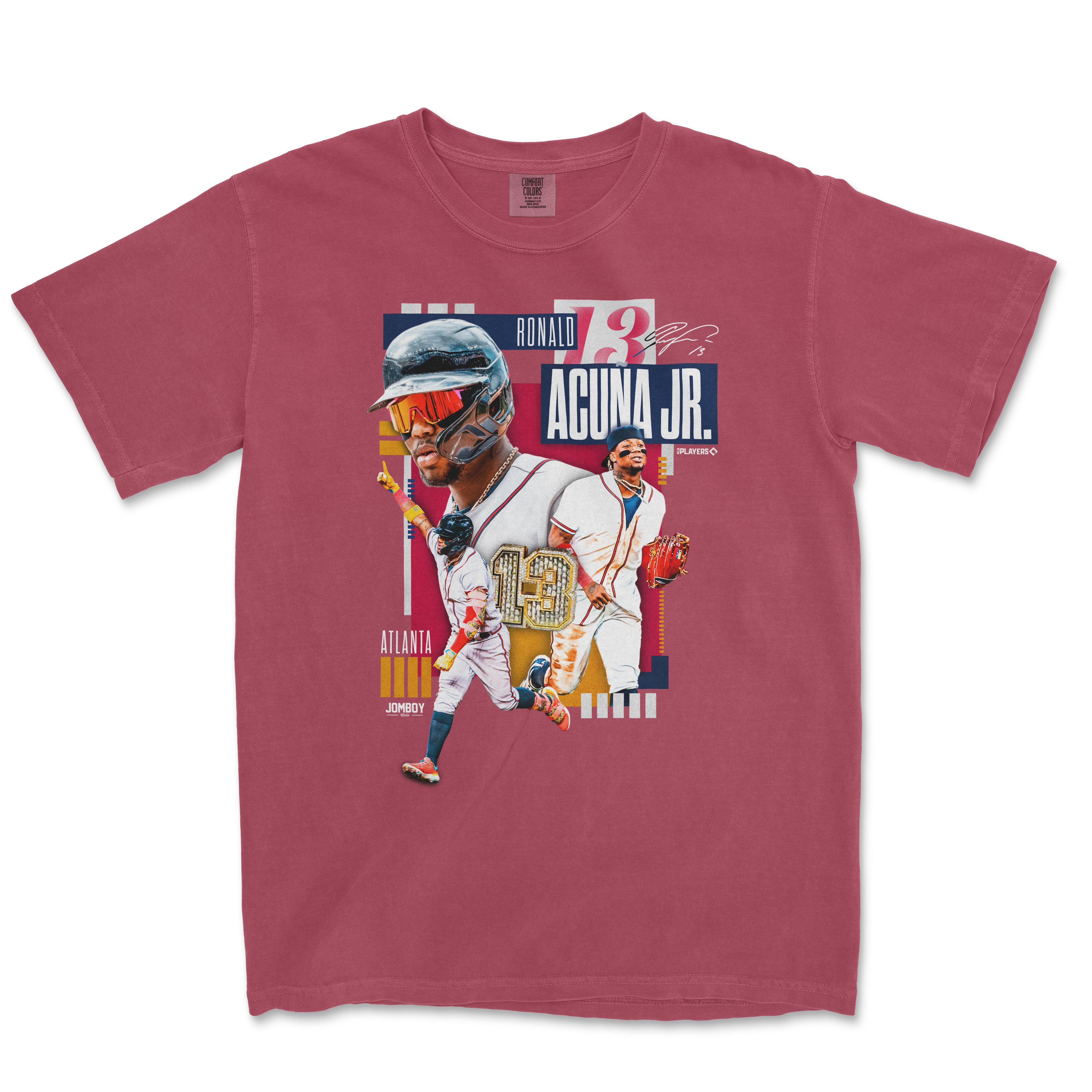 Vintage-style T-shirt featuring Ronald Acuña Jr. signature, multiple images, and colorful graphic design elements.