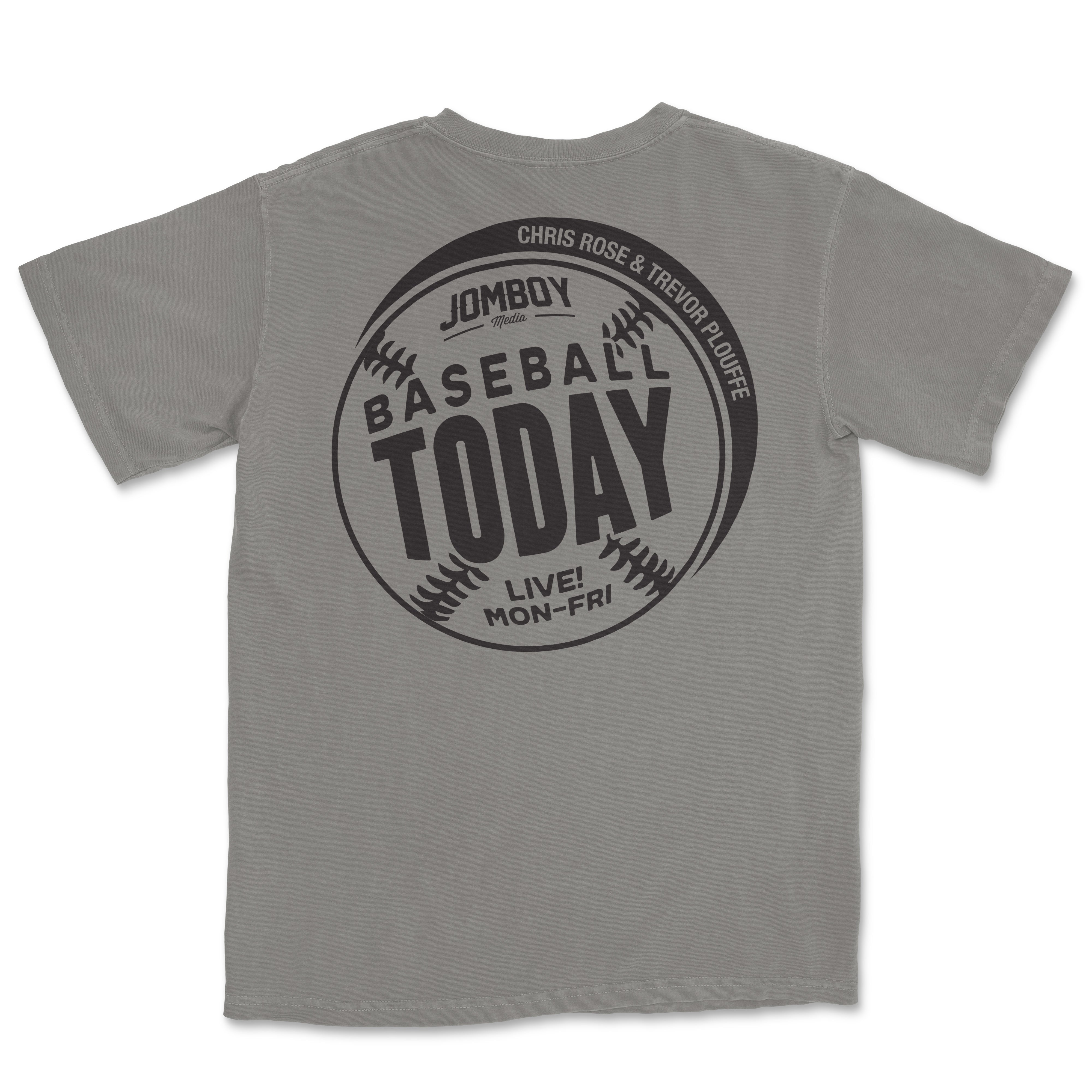 Black monochrome T-shirt featuring a baseball-themed graphic with text promoting "Baseball Today" and live games Monday to Friday.