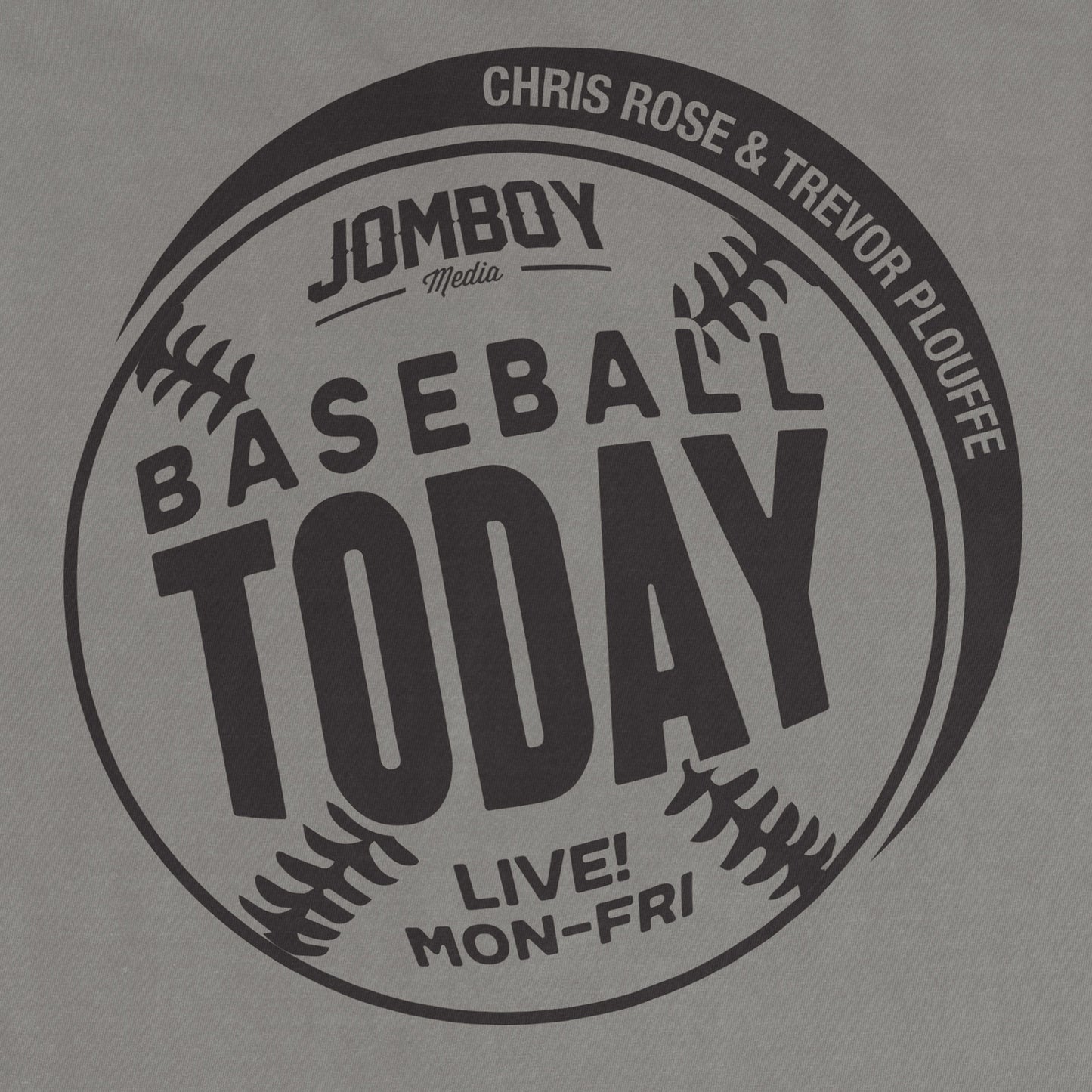 Black monochrome T-shirt featuring a circular baseball-themed graphic with text and baseball stitching details.