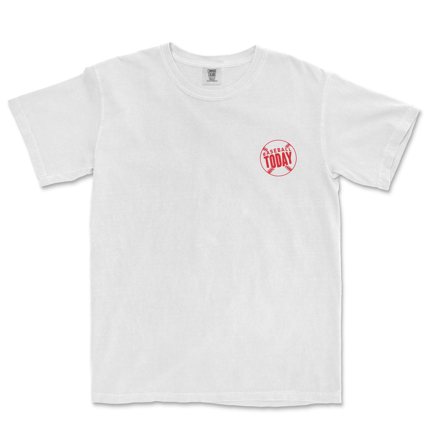 White Comfort Colors vintage tee with a small red baseball graphic and "Baseball Today" text on the chest.