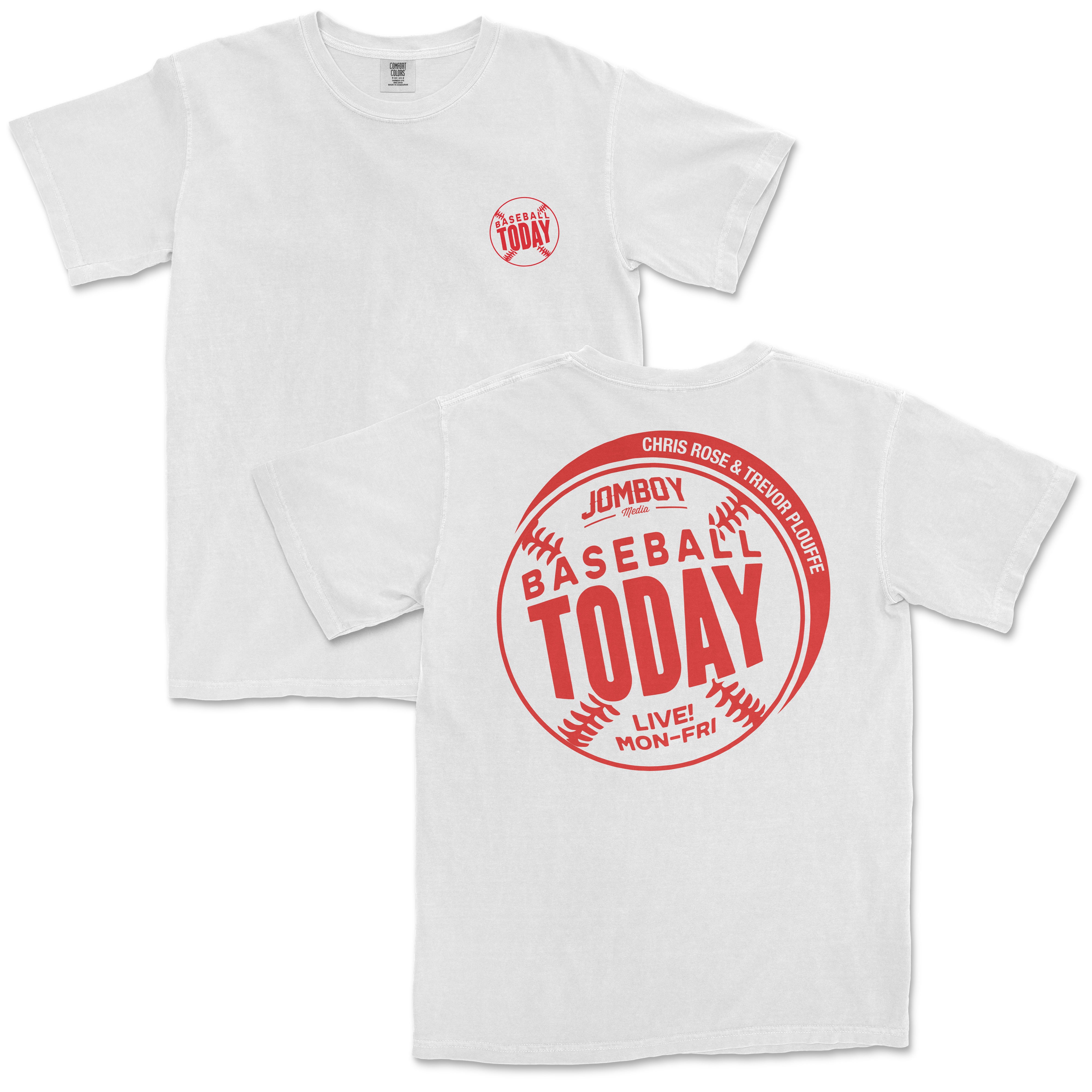 White Comfort Colors vintage tee with red baseball-themed "Baseball Today" graphic on front and back, featuring team names and schedule.