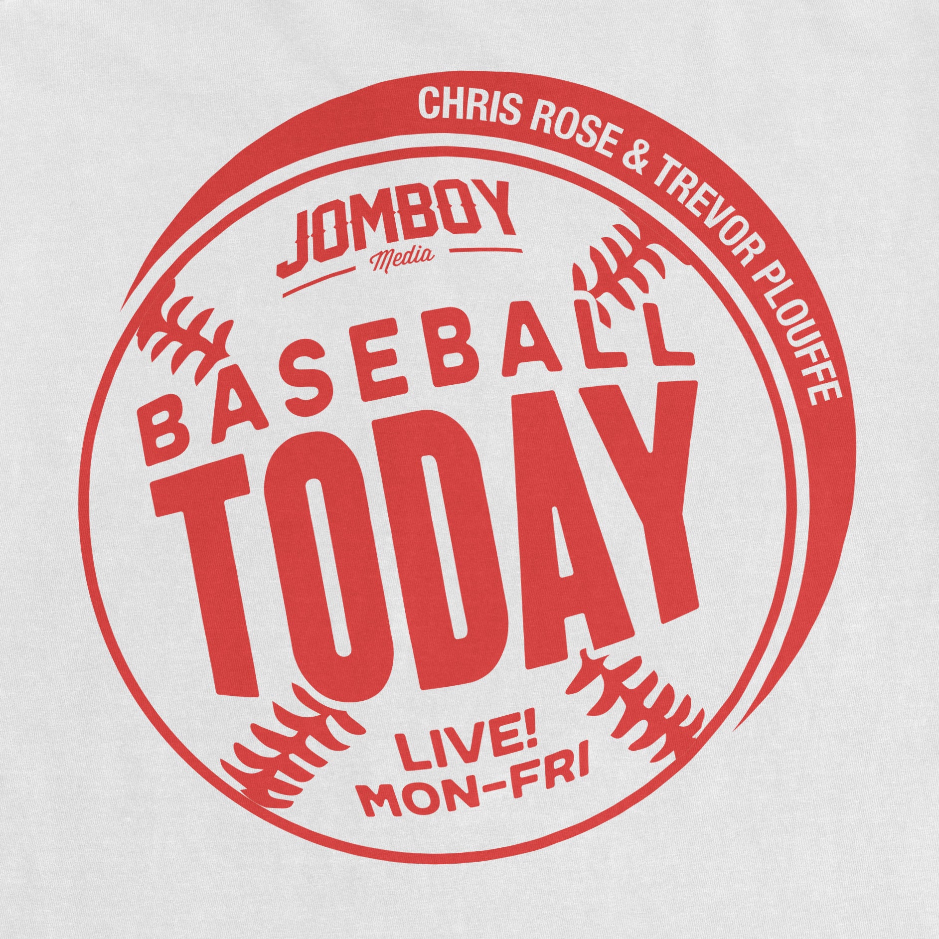 Red monochrome vintage Comfort Colors tee featuring a circular baseball-themed design with "Today" and event details.