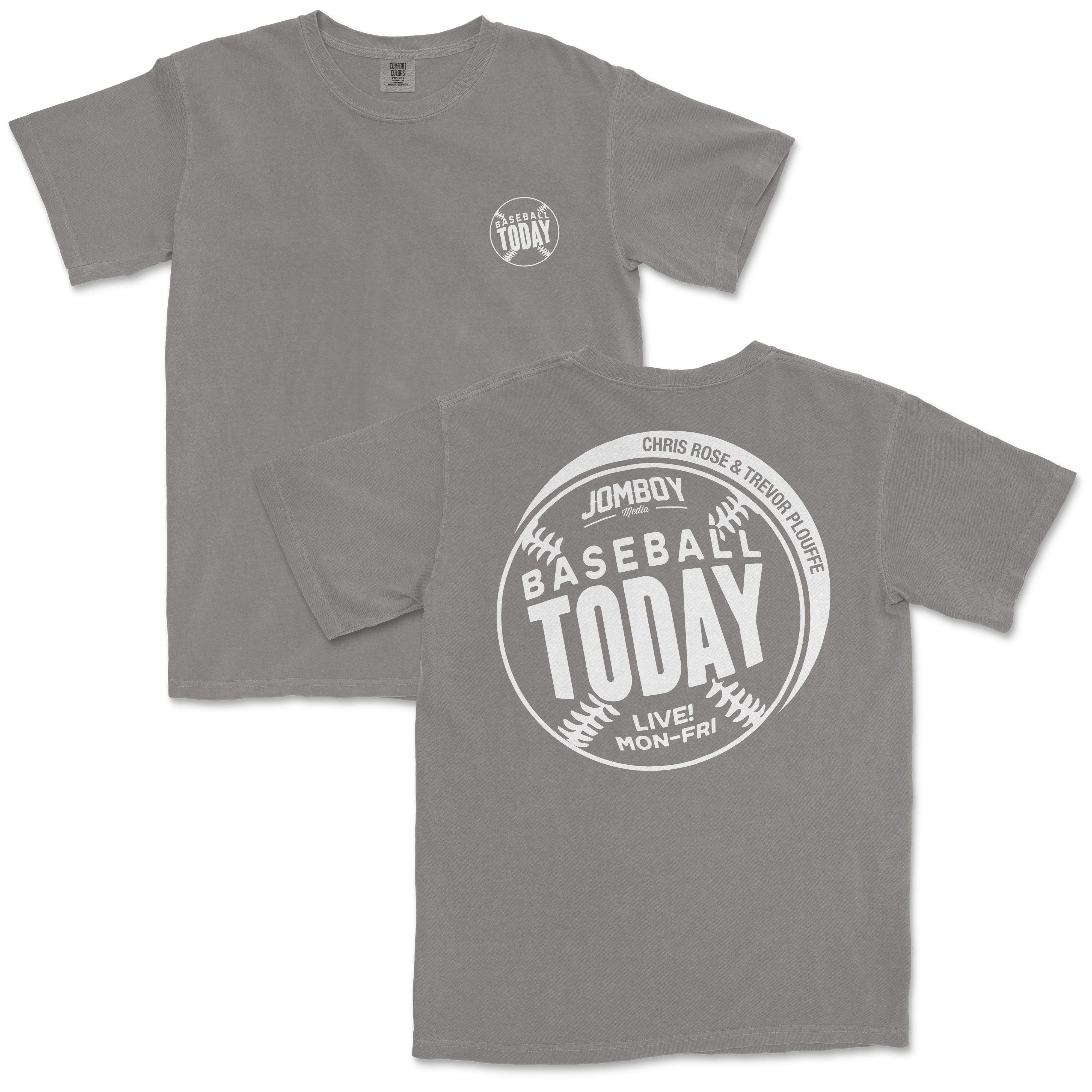 Gray Comfort Colors vintage tee with "Baseball Today" logo on front and back, featuring baseball graphics and event details.