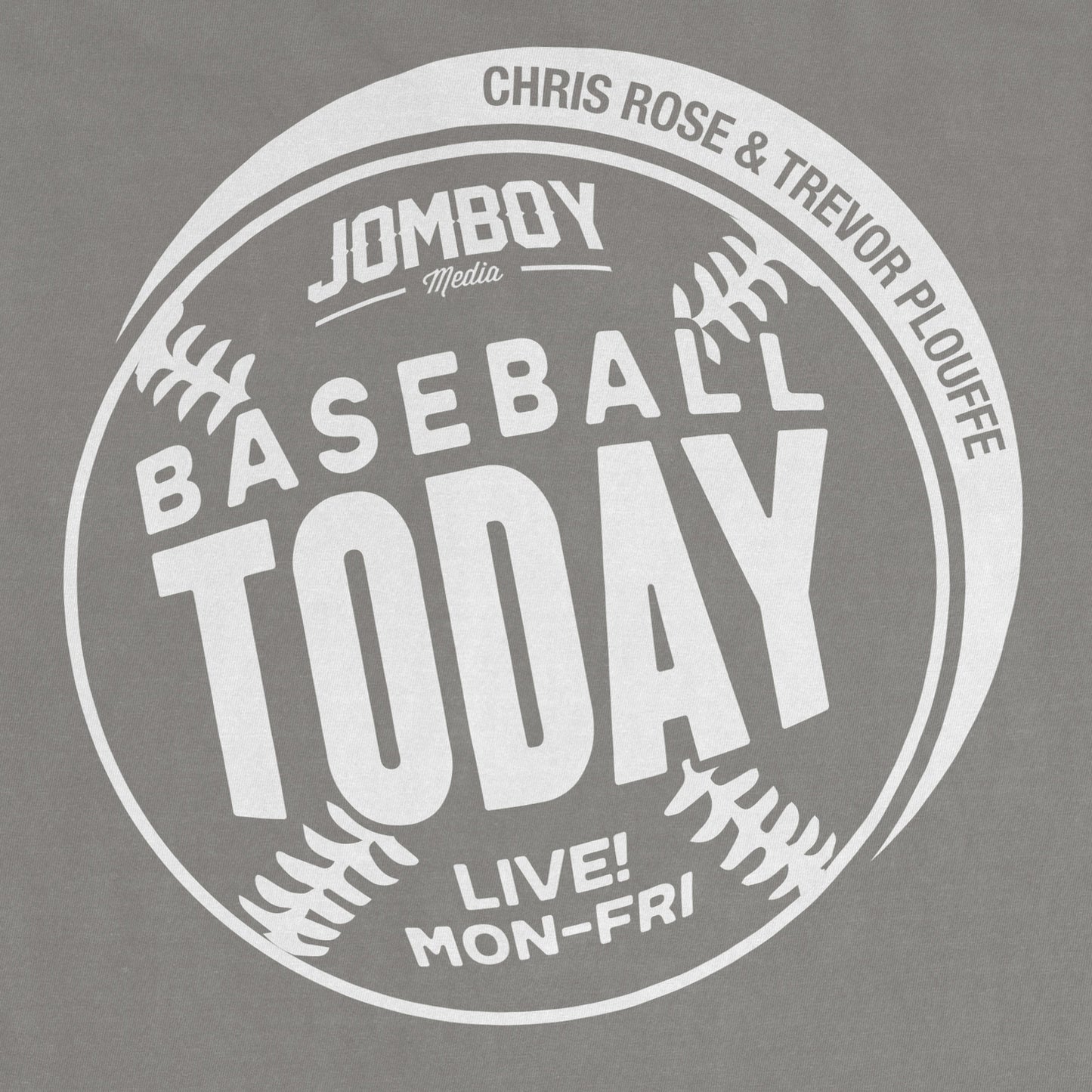 White vintage Comfort Colors tee featuring a circular baseball-themed graphic with text about a baseball game, players, and schedule.
