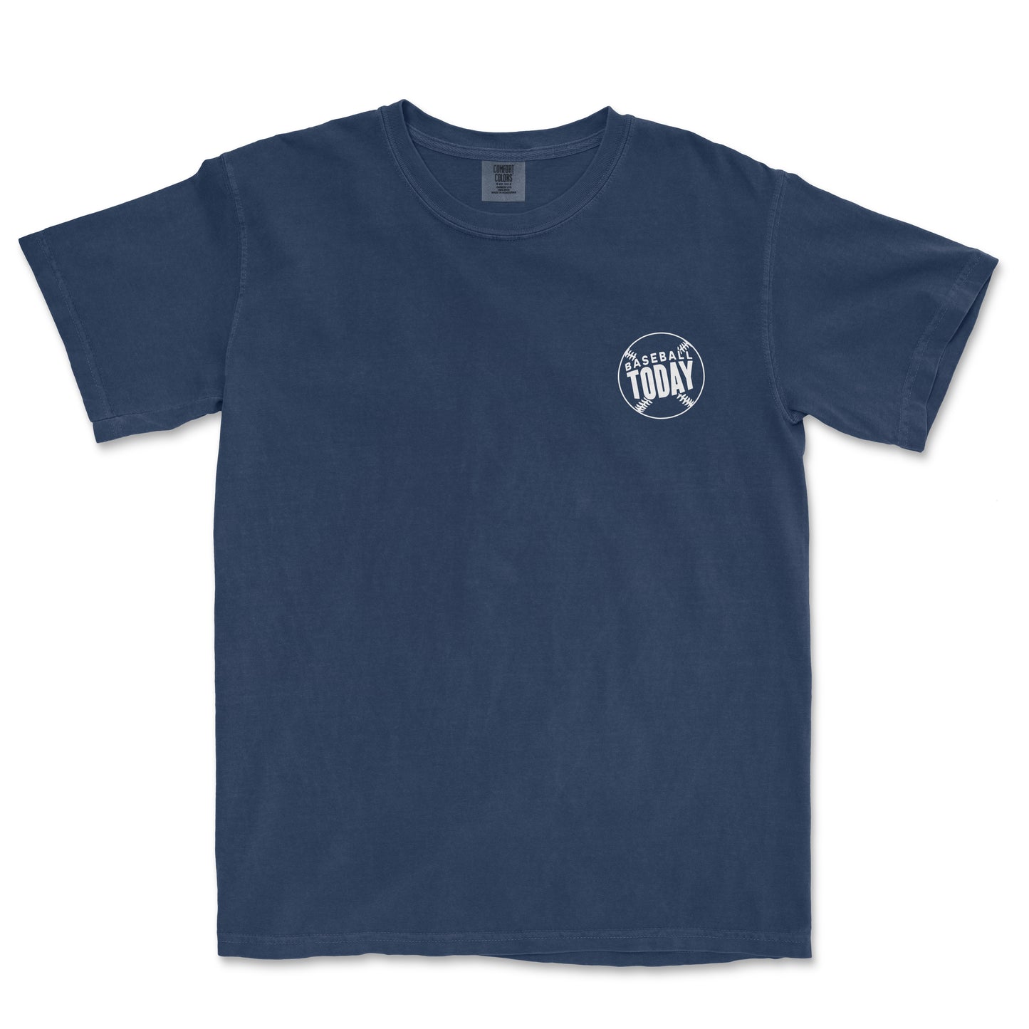 White monochrome Comfort Colors vintage tee featuring a small "Baseball Today" logo inside a baseball graphic on the chest.