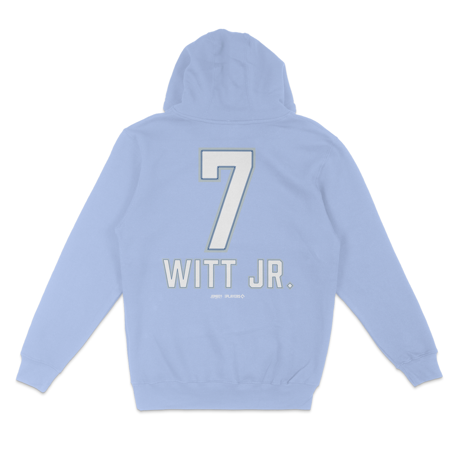 Light blue pullover fleece hoodie featuring "7" and "WITT JR." printed on the back, with additional small text details.