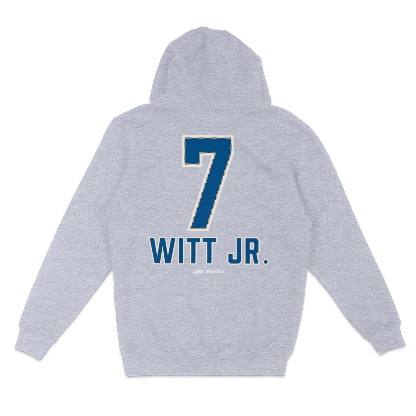 Gray pullover fleece hoodie featuring the name "WITT JR." and the number 7 on the back, perfect for sports fans.