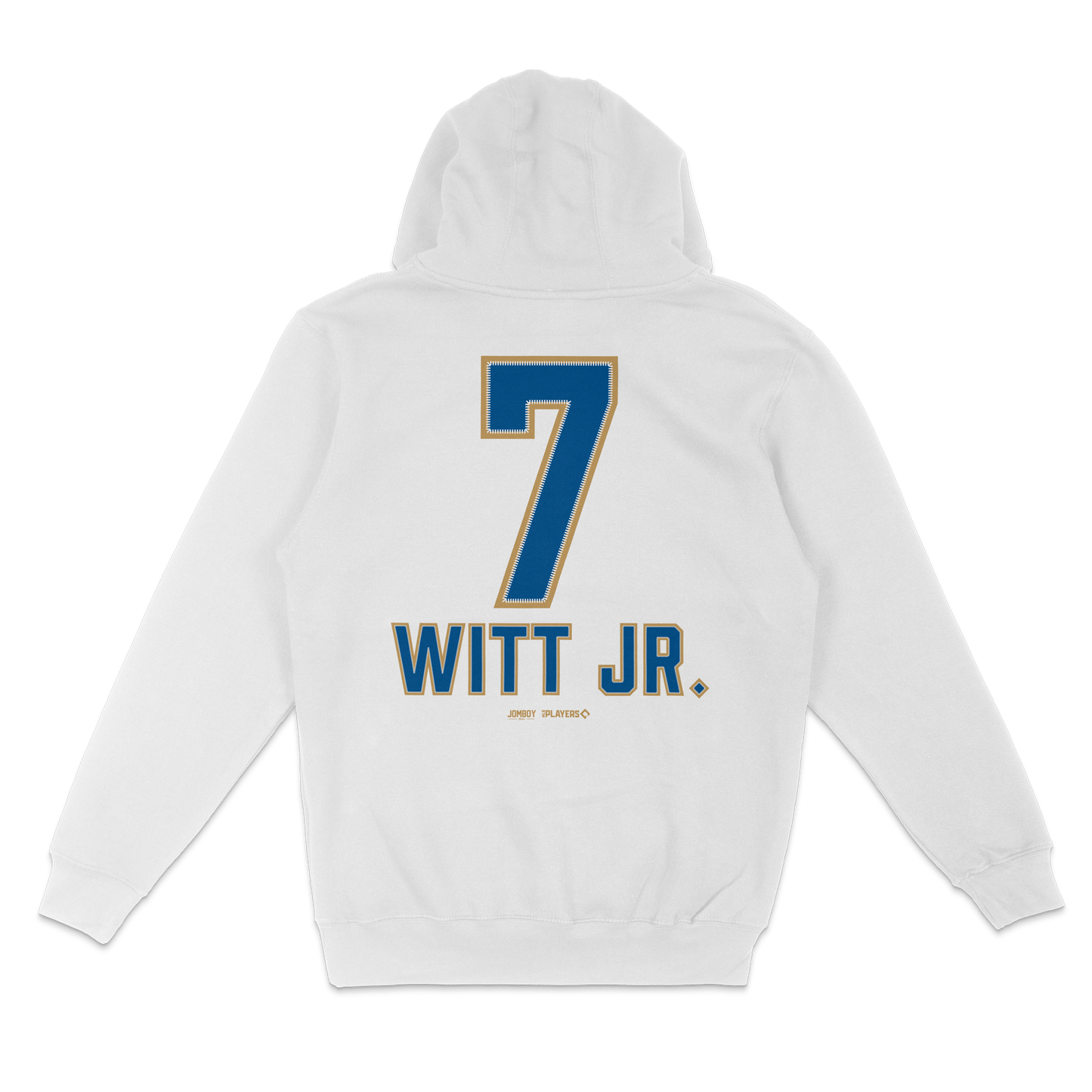 White pullover fleece hoodie featuring a large blue number 7 and "WITT JR." text on the back, with gold and blue accents.