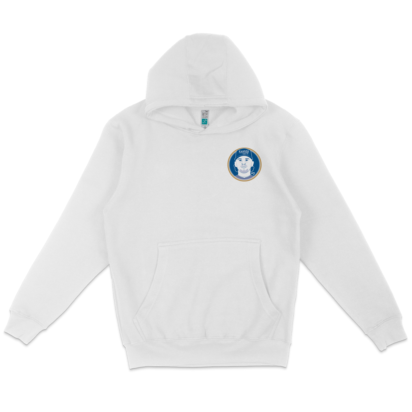 White pullover fleece hoodie featuring a Kansas City Royals logo patch on the chest, with a front pocket and adjustable drawstrings.