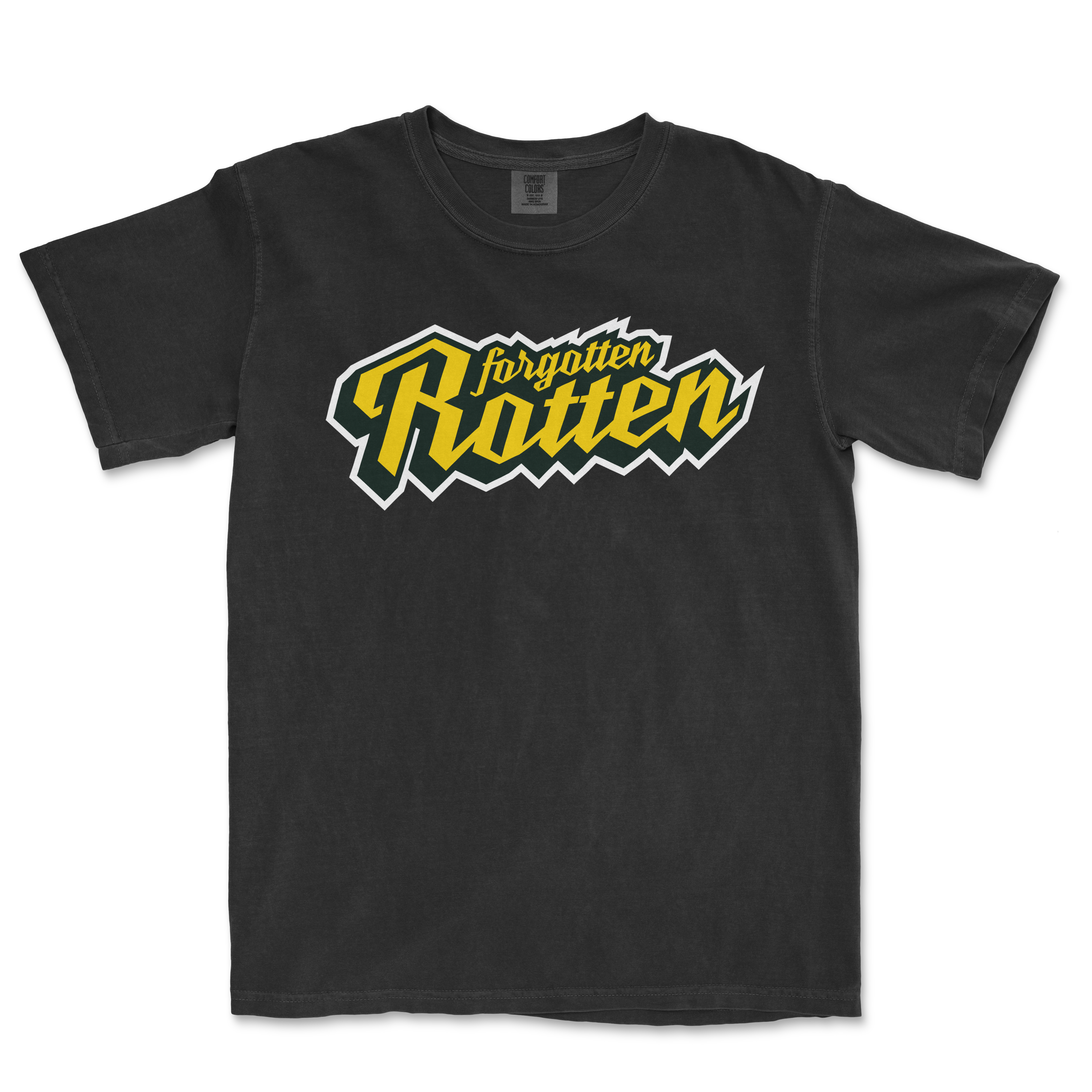 Black Comfort Colors T-shirt featuring a bold yellow and white "Forgotten Rotten" graphic design on the front.