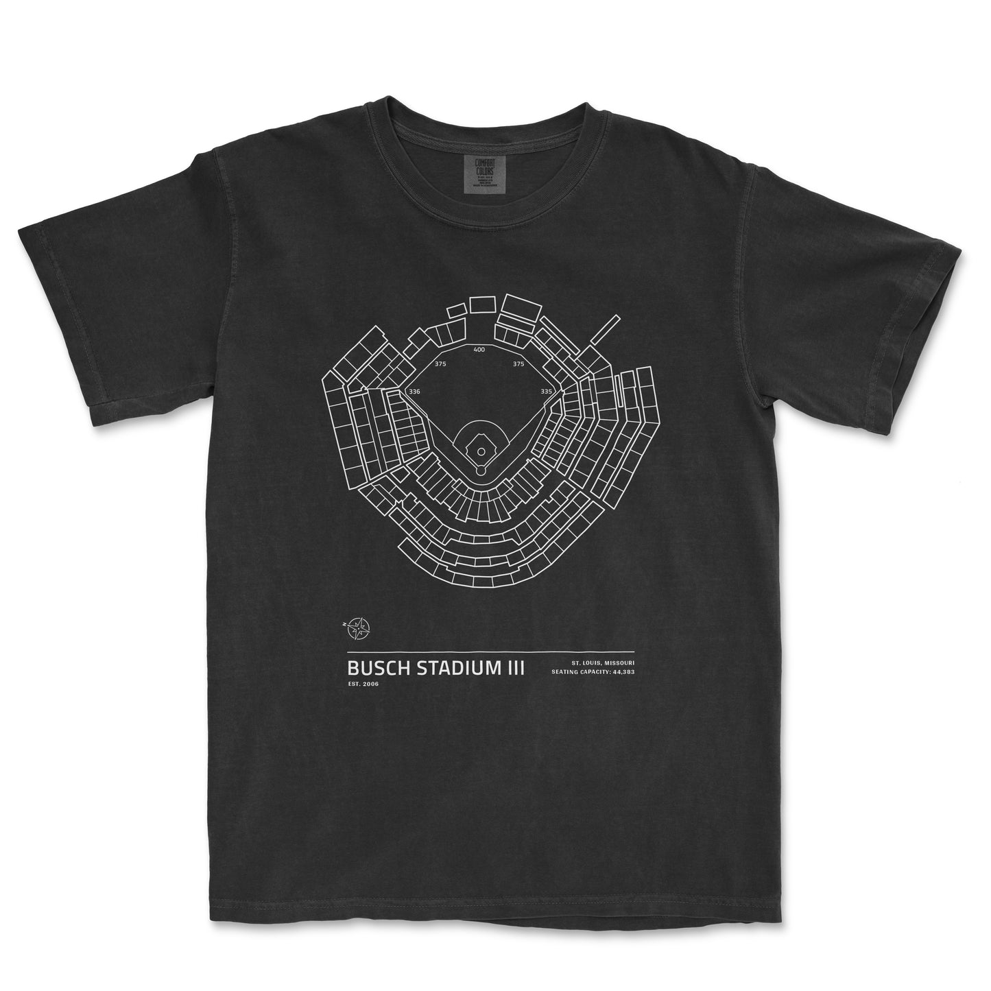 Black Comfort Colors T-shirt featuring a white line drawing of Busch Stadium III's seating chart and stadium details.