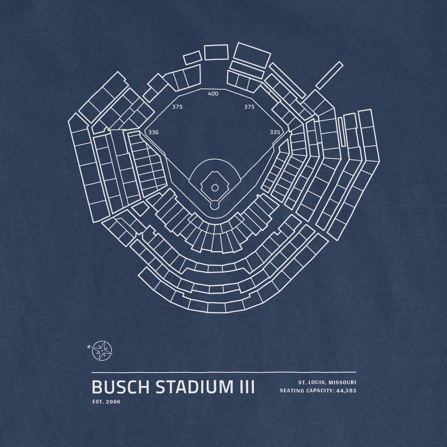 Blue Comfort Colors T-shirt featuring a white line drawing of Busch Stadium III's seating chart, with stadium details below.