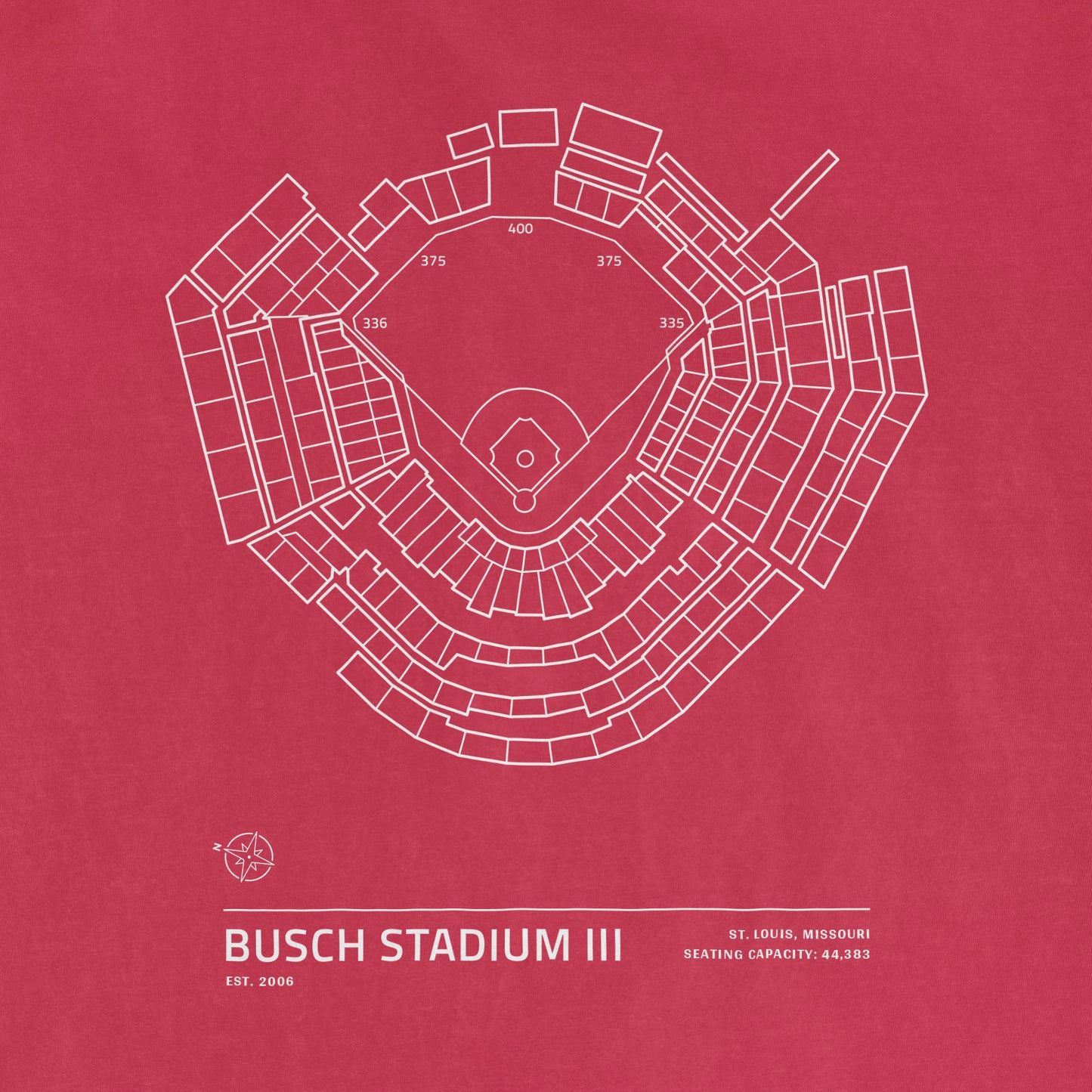 White outline of Busch Stadium III seating chart on a red Comfort Colors T-shirt, with stadium details and location.