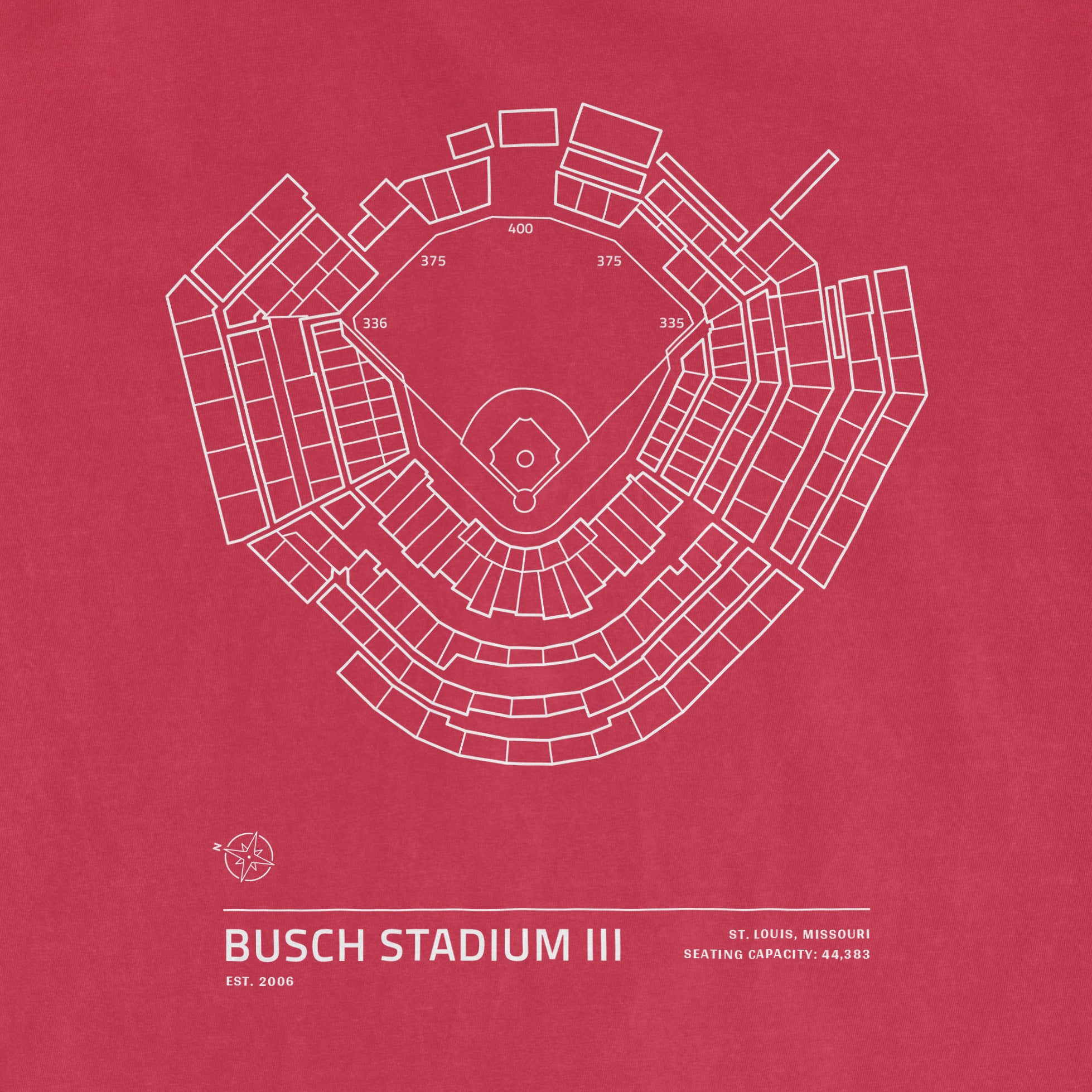 White outline of Busch Stadium III seating chart on a red Comfort Colors T-shirt, with stadium details and location.