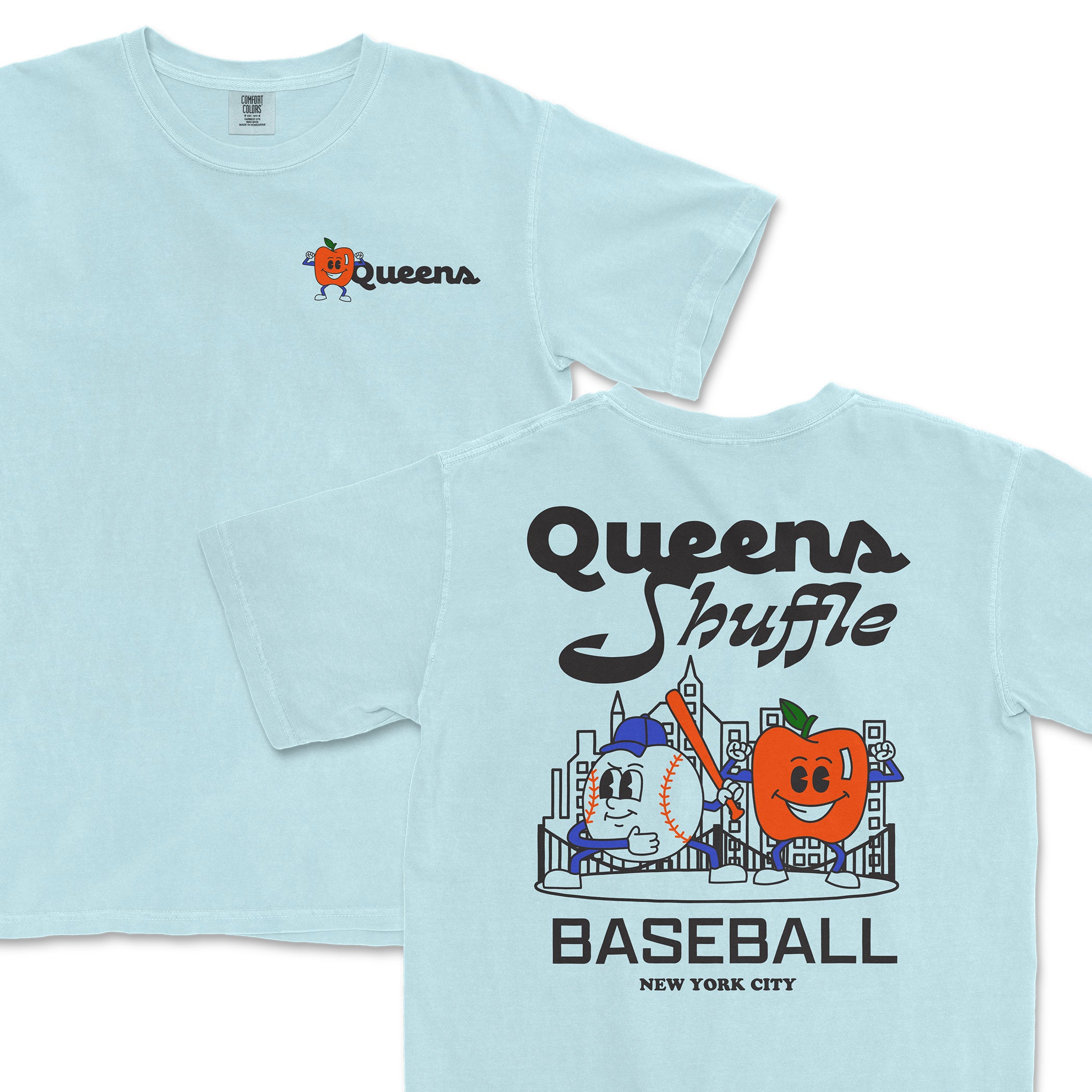 Light blue T-shirt featuring a cartoon pumpkin and baseball, with "Queens Shuffle NYC" and "Baseball New York City" text.