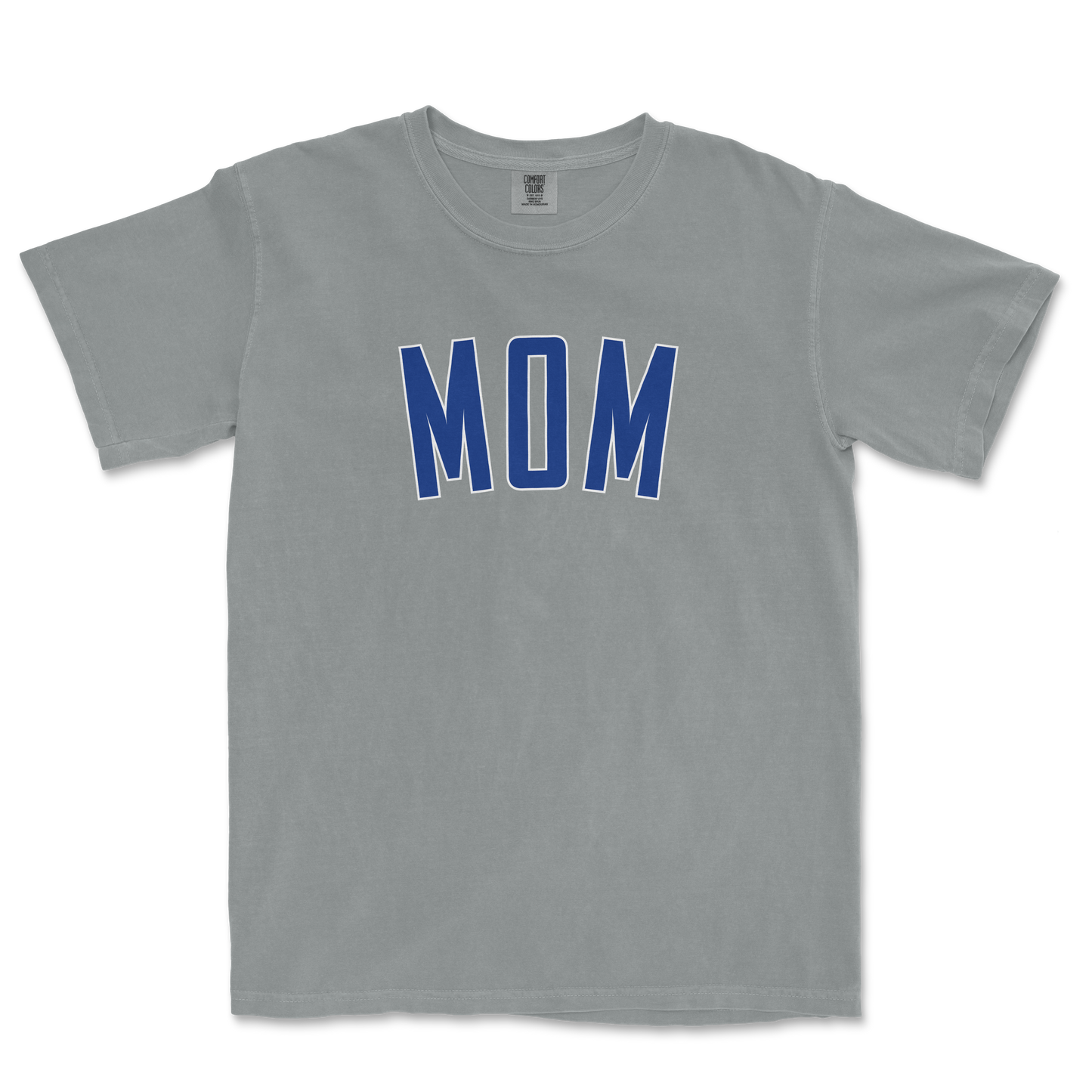 Gray Comfort Colors T-shirt with "MOM" printed in bold blue letters on the front, designed for Chicago baseball moms.