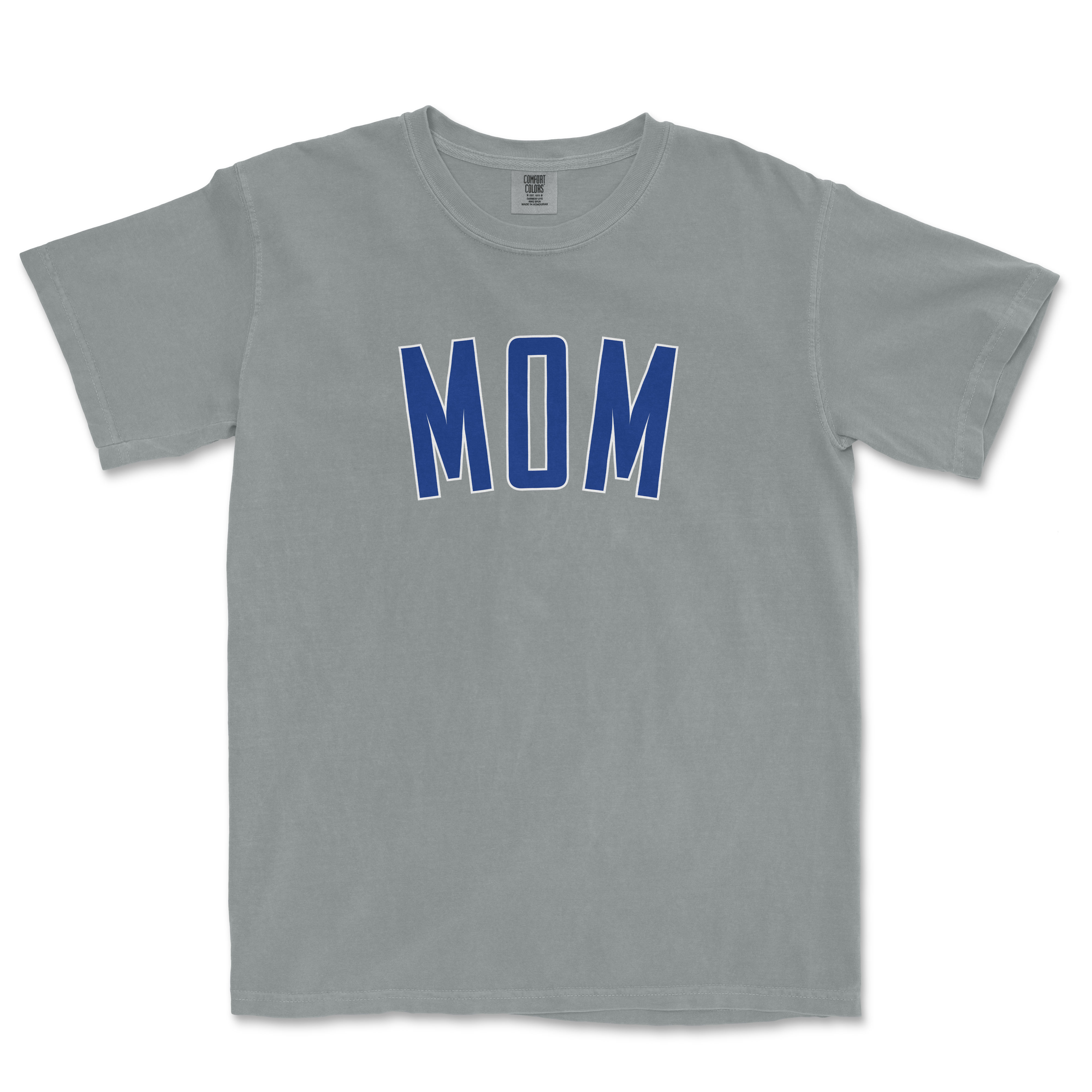 Gray Comfort Colors T-shirt with "MOM" printed in bold blue letters on the front, designed for Chicago baseball moms.
