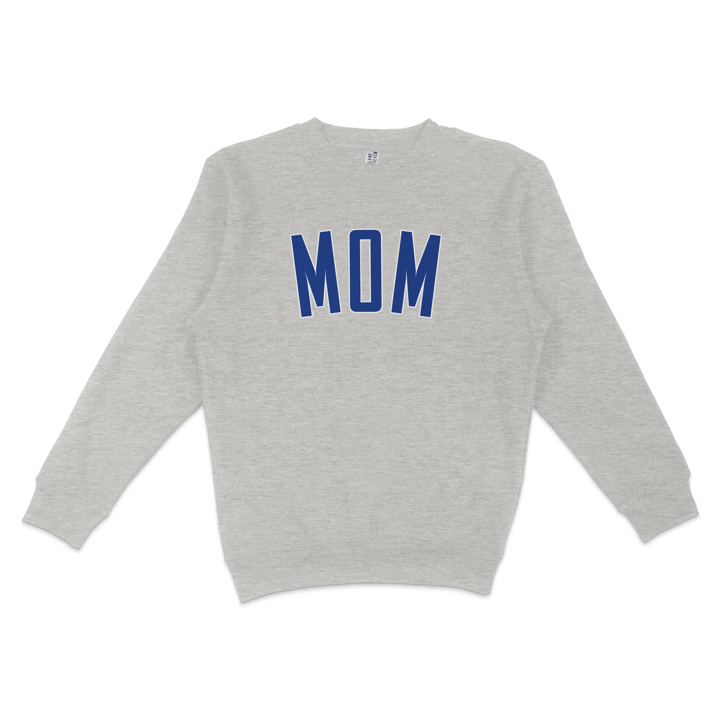 Gray crewneck sweatshirt with "MOM" in bold blue letters on the front, designed for Chicago baseball moms.