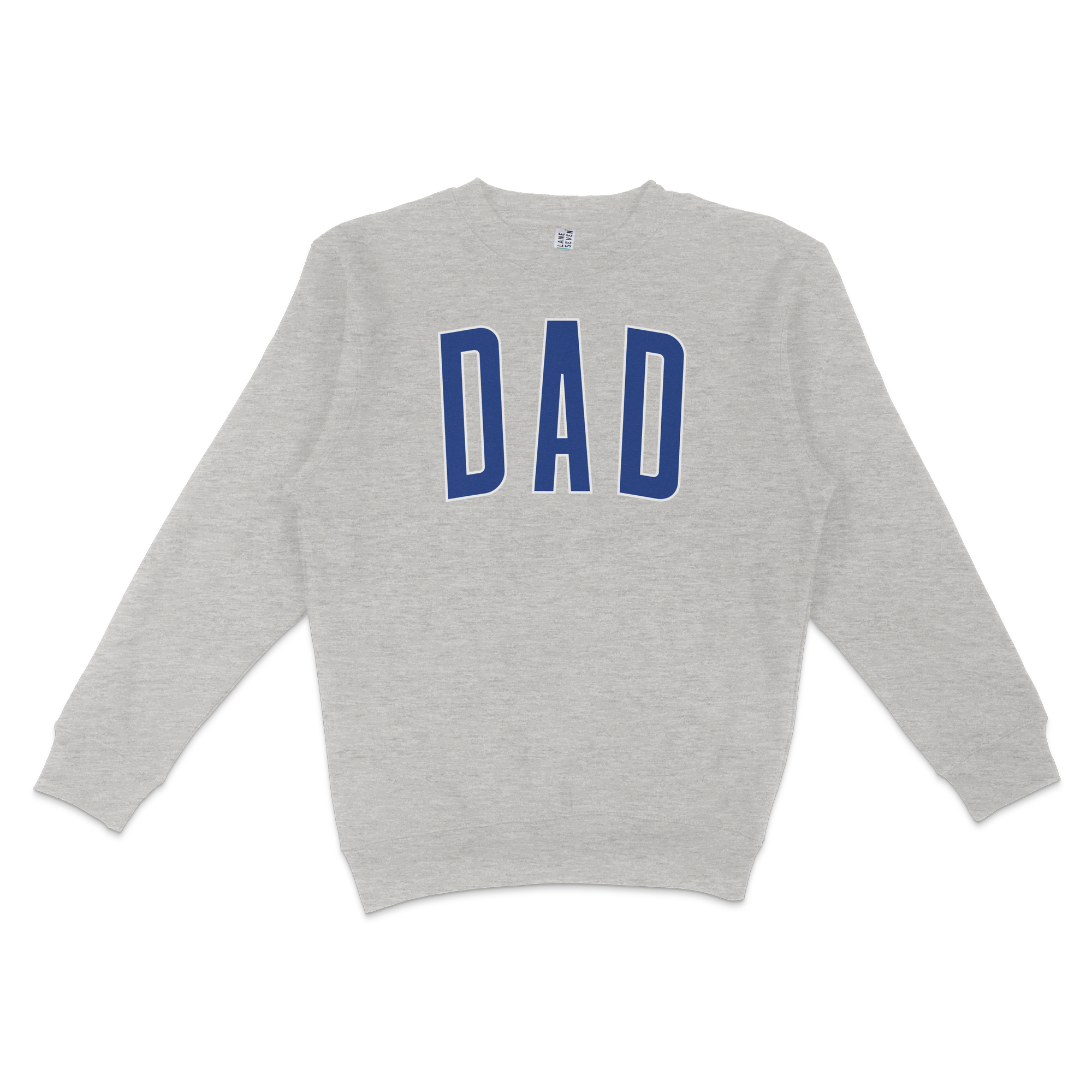 Gray crewneck sweatshirt with bold blue "DAD" text on the front, perfect for Chicago baseball dads.
