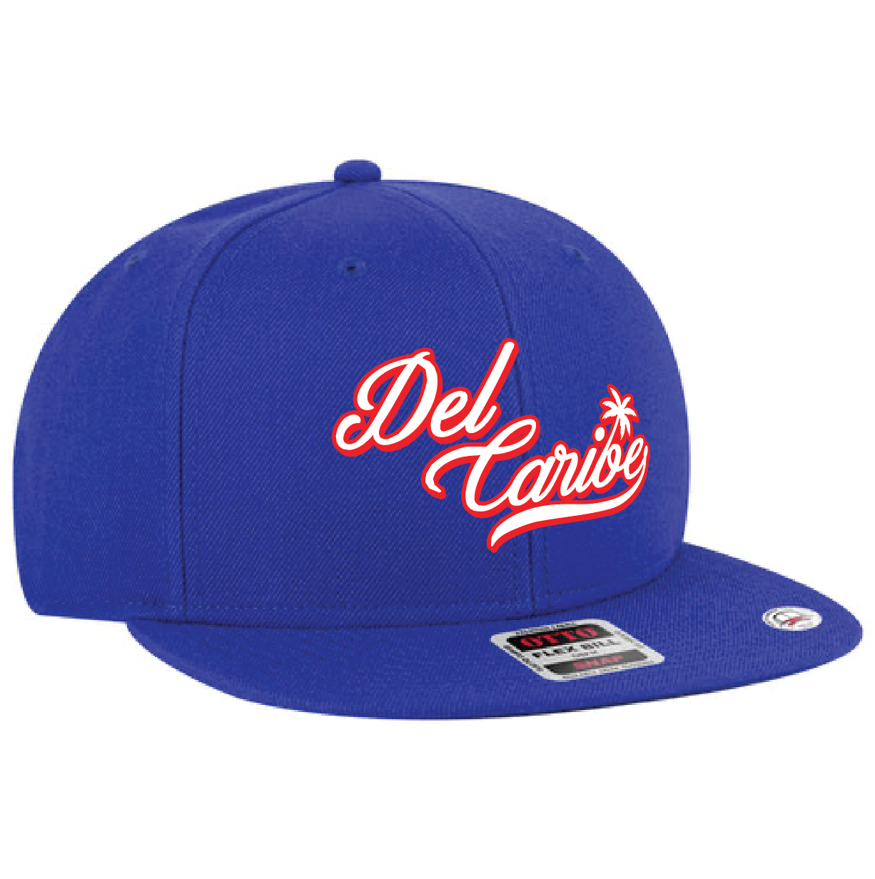 Blue six-panel hat with "Del Caribe" embroidered in red and white, featuring a small palm tree graphic.