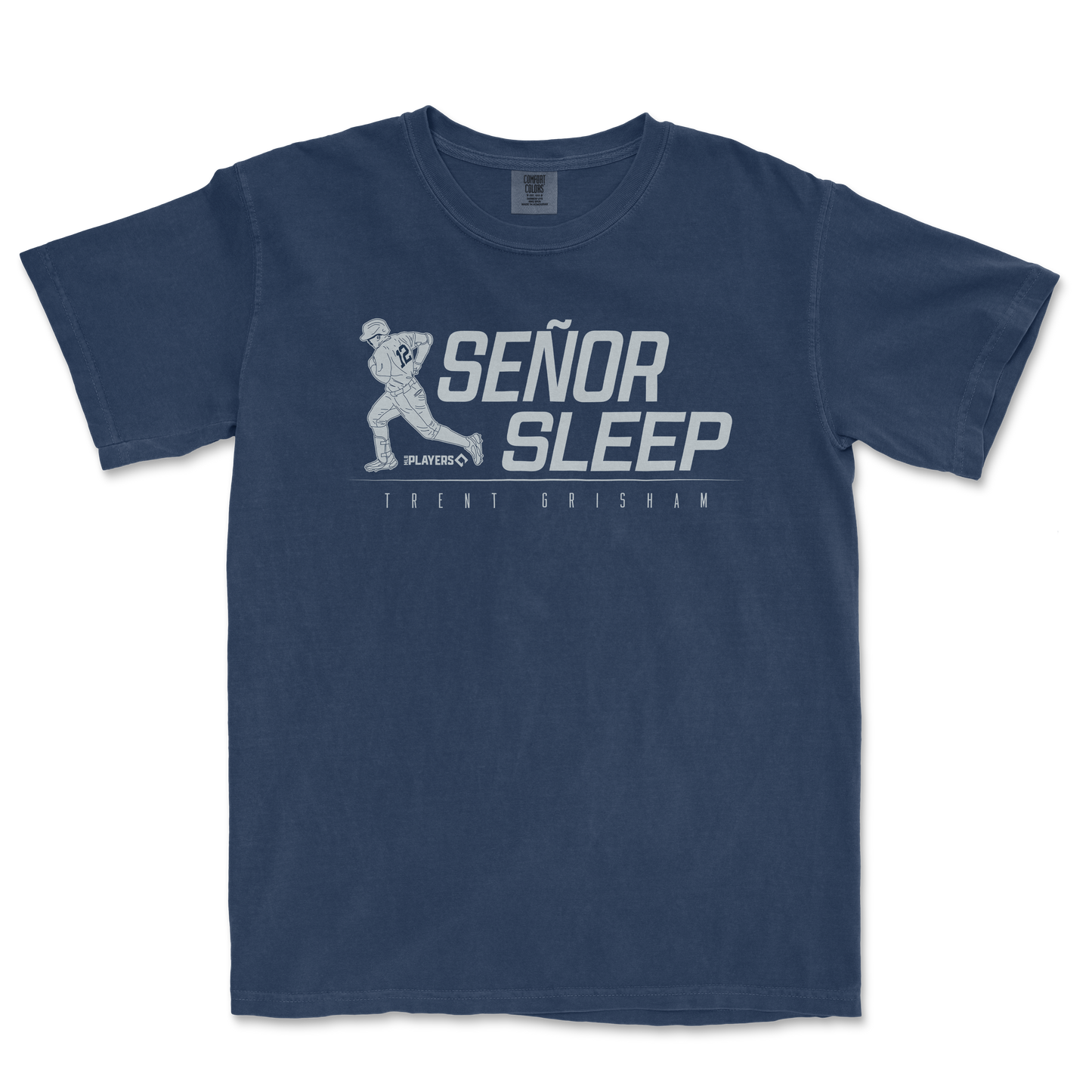 Blue T-shirt featuring a graphic of a baseball player, with the text "Señor Sleep" and "Trent Grisham" below.