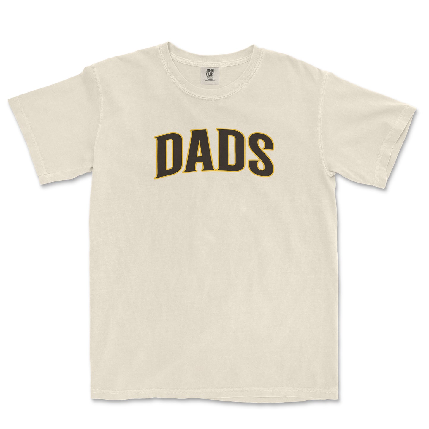 Beige T-shirt with bold black and gold "DADS" text printed across the front, casual style, short sleeves, and round neckline.