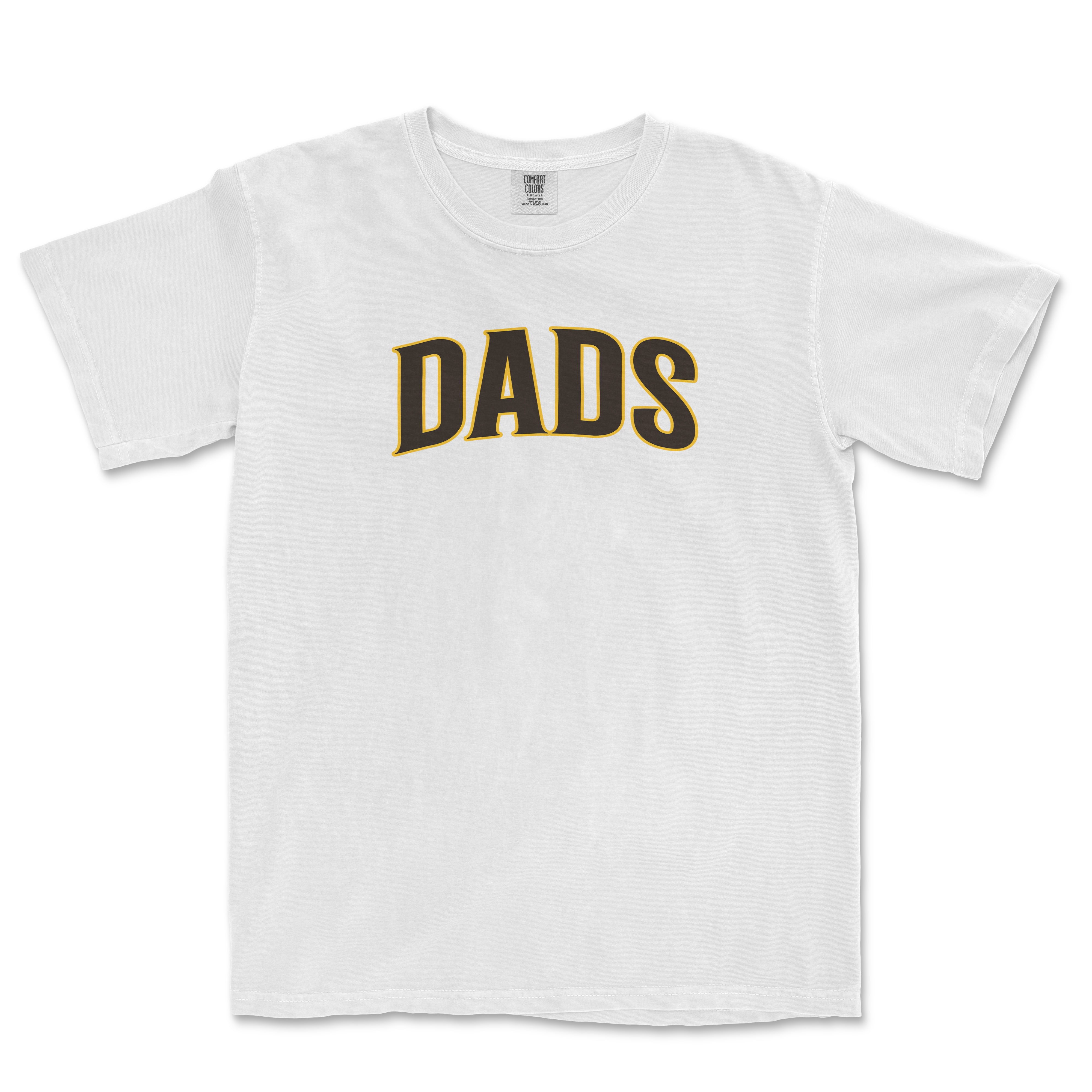 White T-shirt with the word "DADS" printed in bold black and gold lettering across the chest.