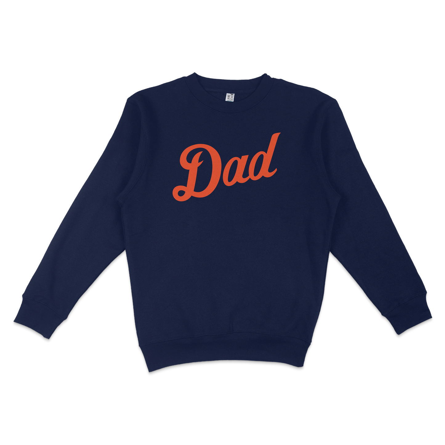 Navy blue crewneck sweatshirt with orange "Dad" text in a cursive font, designed for Detroit baseball dads.