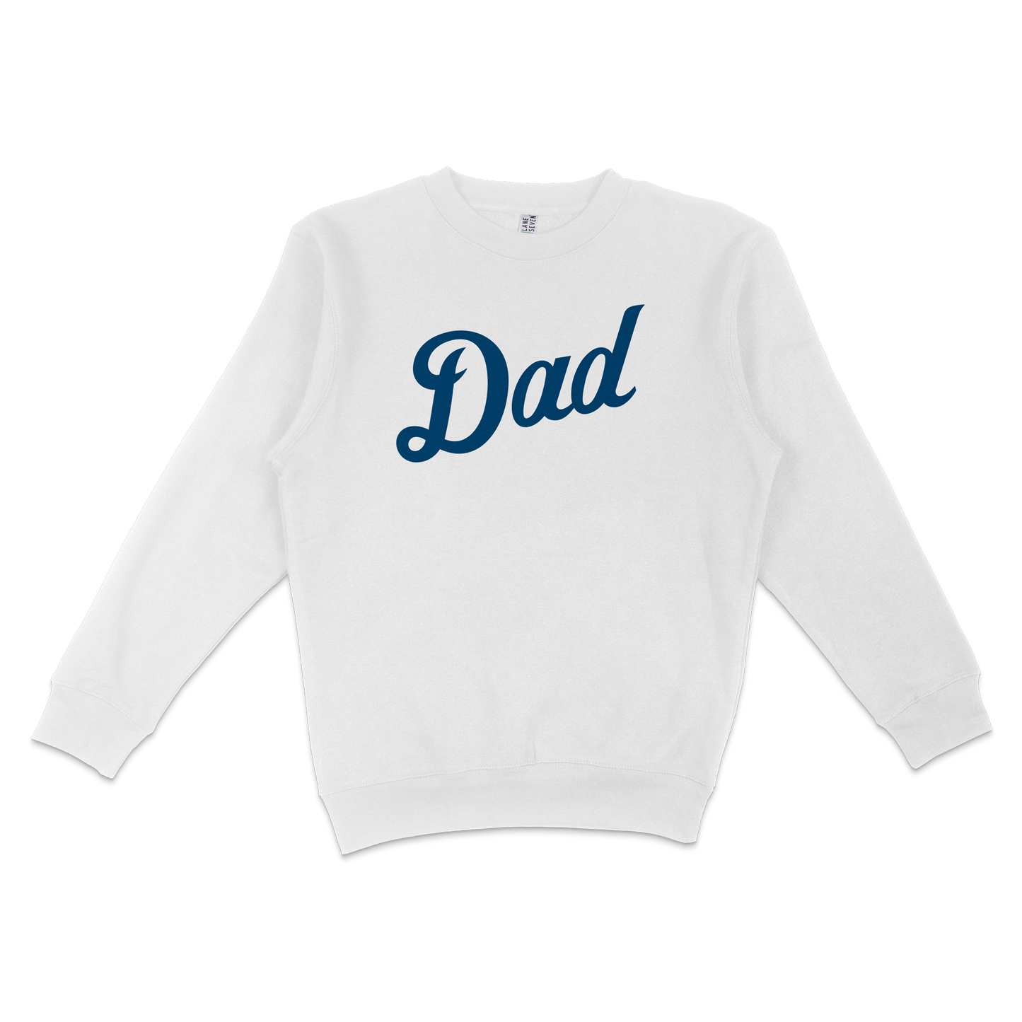 White crewneck sweatshirt with "Dad" written in bold, navy blue script font, designed for Detroit baseball dads.