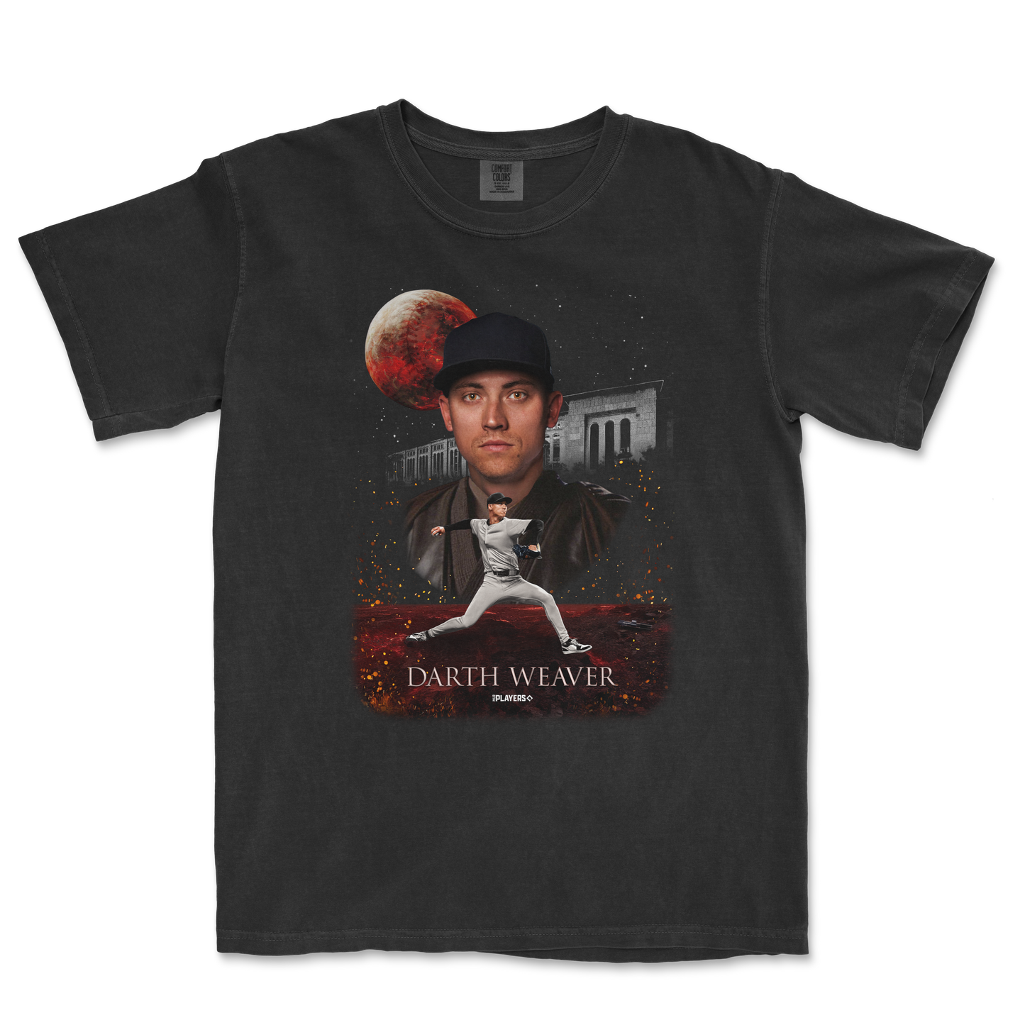 Darth Weaver graphic T-shirt featuring a baseball player, a large moon, and a building in a cosmic background on a black Comfort Colors tee.