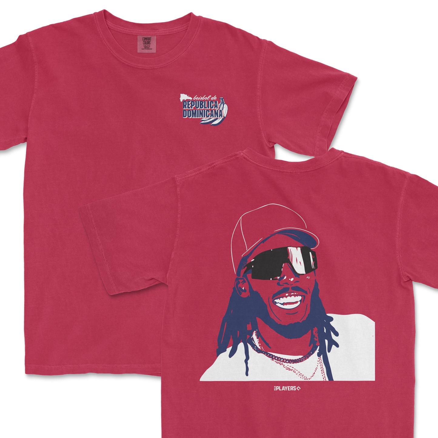 Red Comfort Colors T-shirt featuring a graphic of a smiling man with sunglasses, cap, and dreadlocks, and a small Dominican Republic map with text.