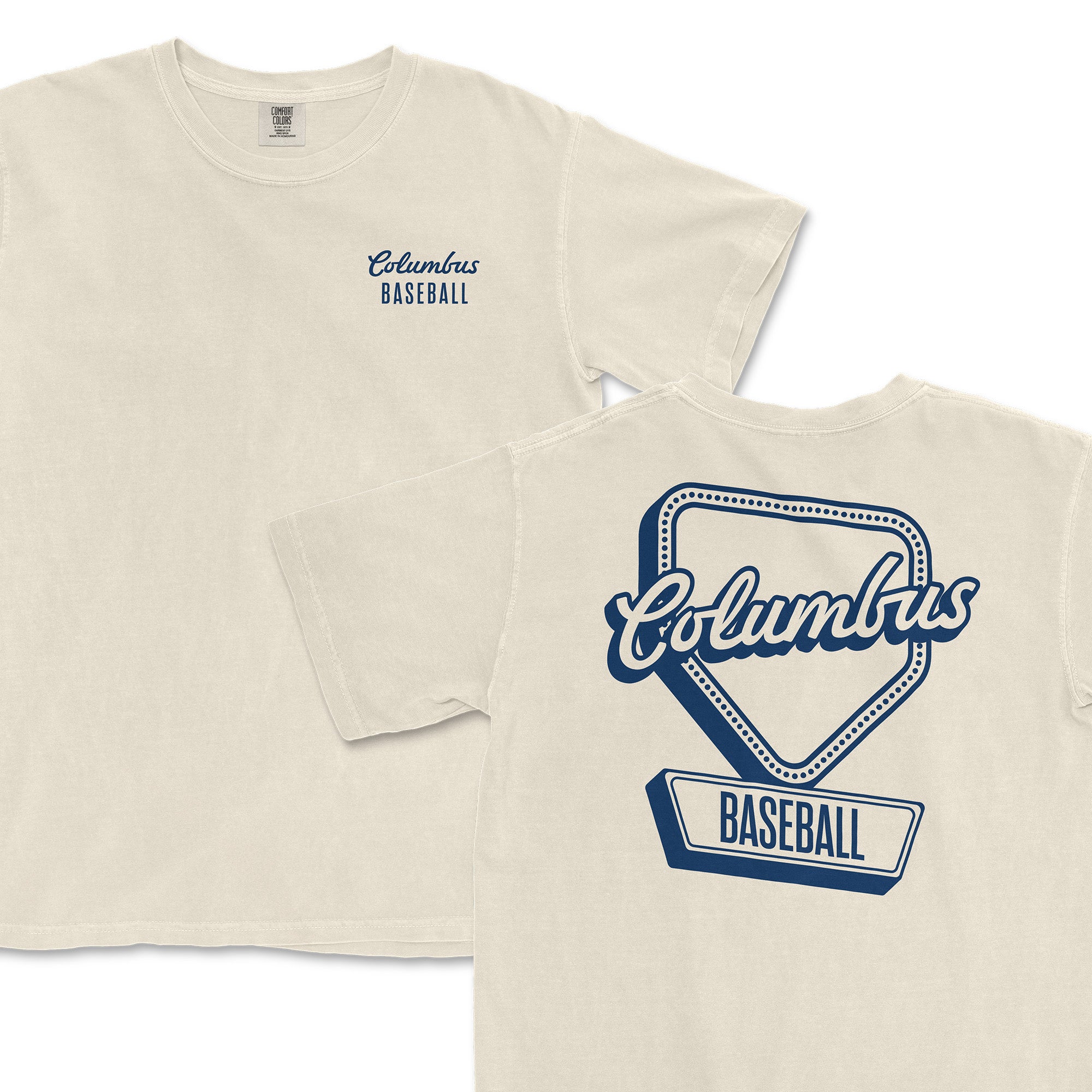 Cream-colored t-shirt featuring "Columbus Baseball" logo on the front and a large graphic on the back in blue.