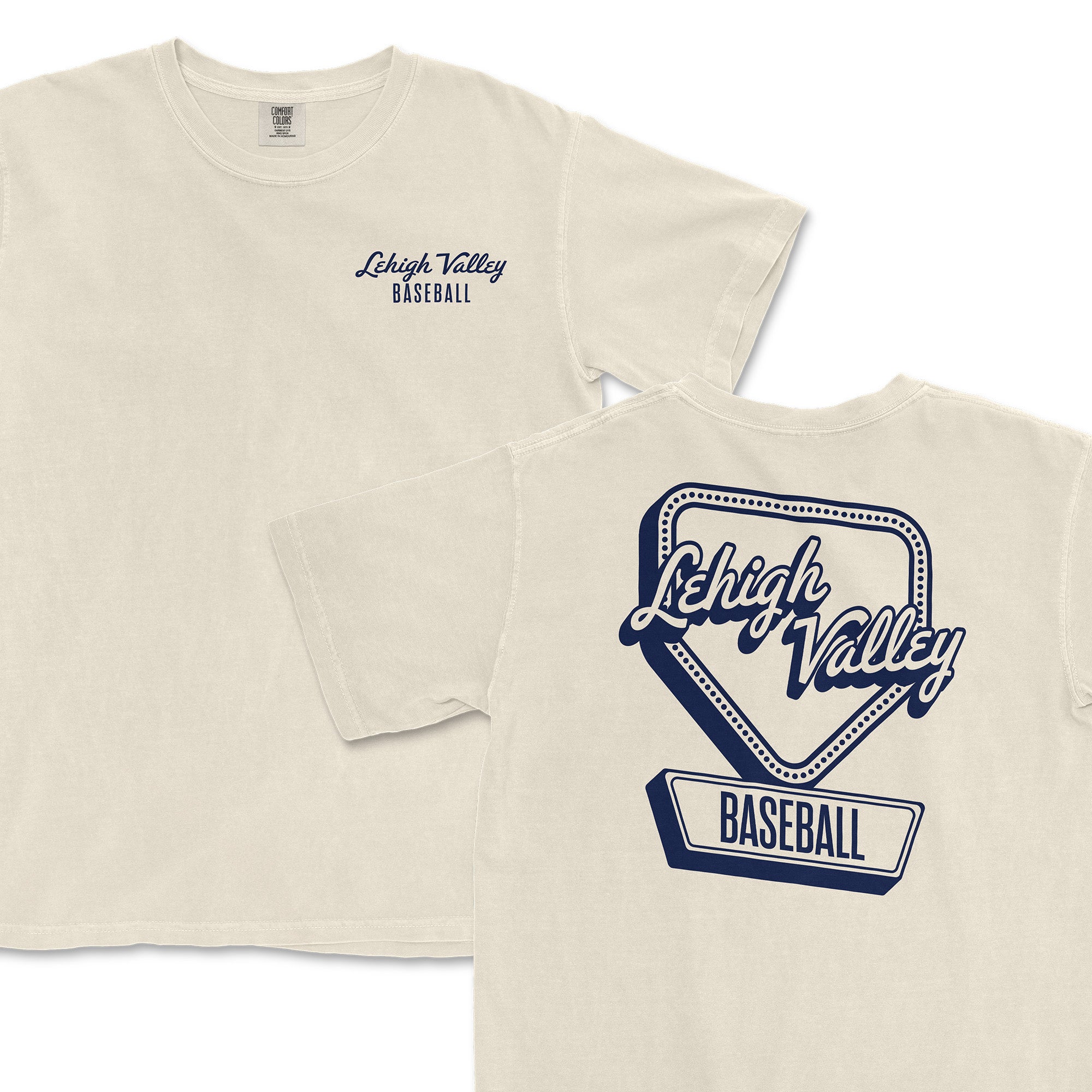Cream-colored t-shirt featuring "Lehigh Valley Baseball" text and a diamond graphic on the back. Casual sports apparel.