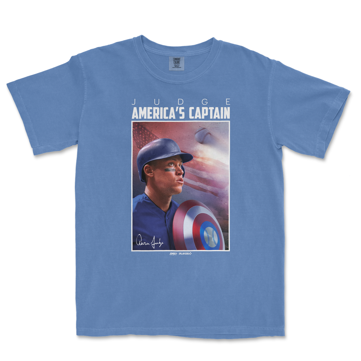 Blue Comfort Colors T-shirt featuring a graphic of Aaron Judge as America's Captain, with his signature and baseball imagery.