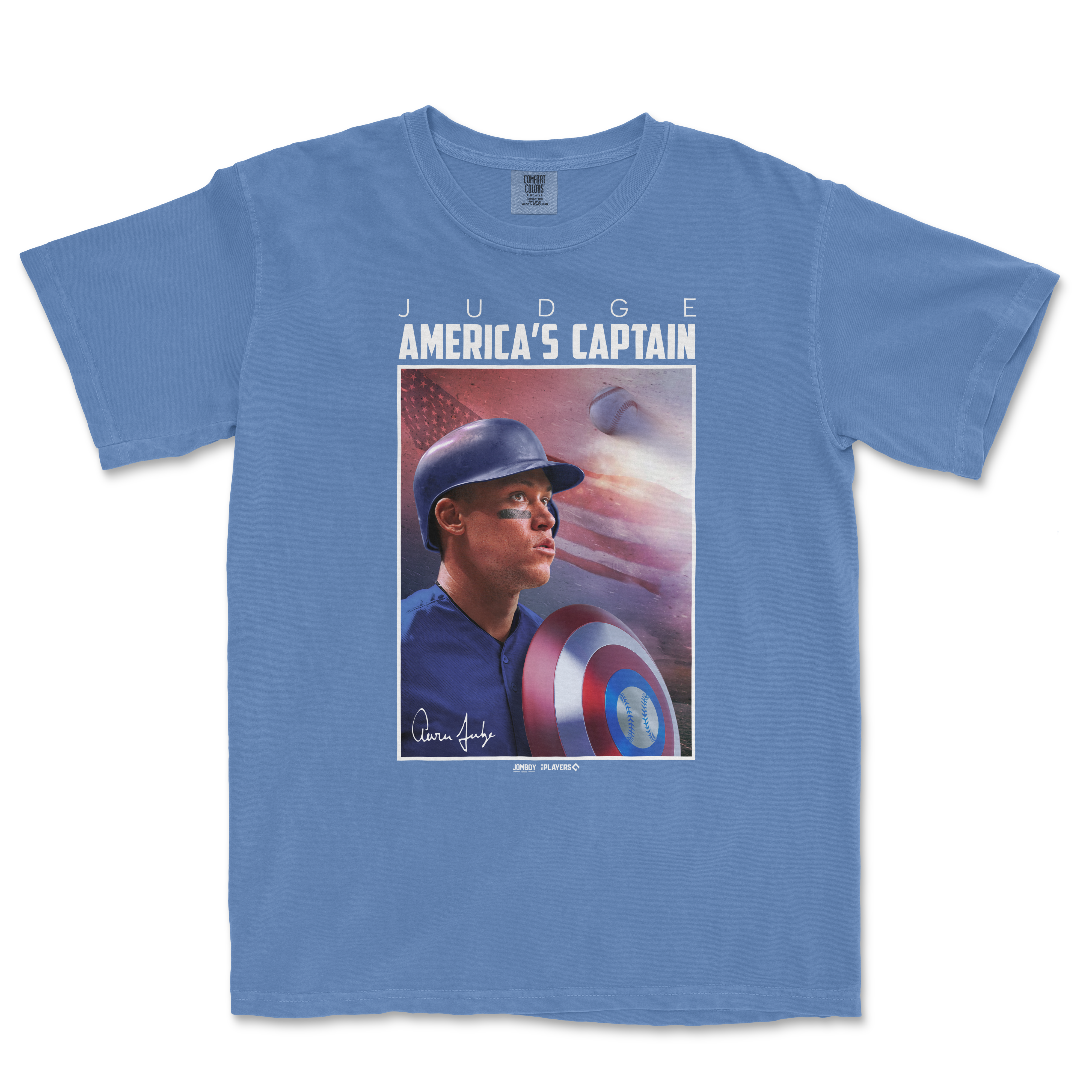 Blue Comfort Colors T-shirt featuring a graphic of Aaron Judge as America's Captain, with his signature and baseball imagery.