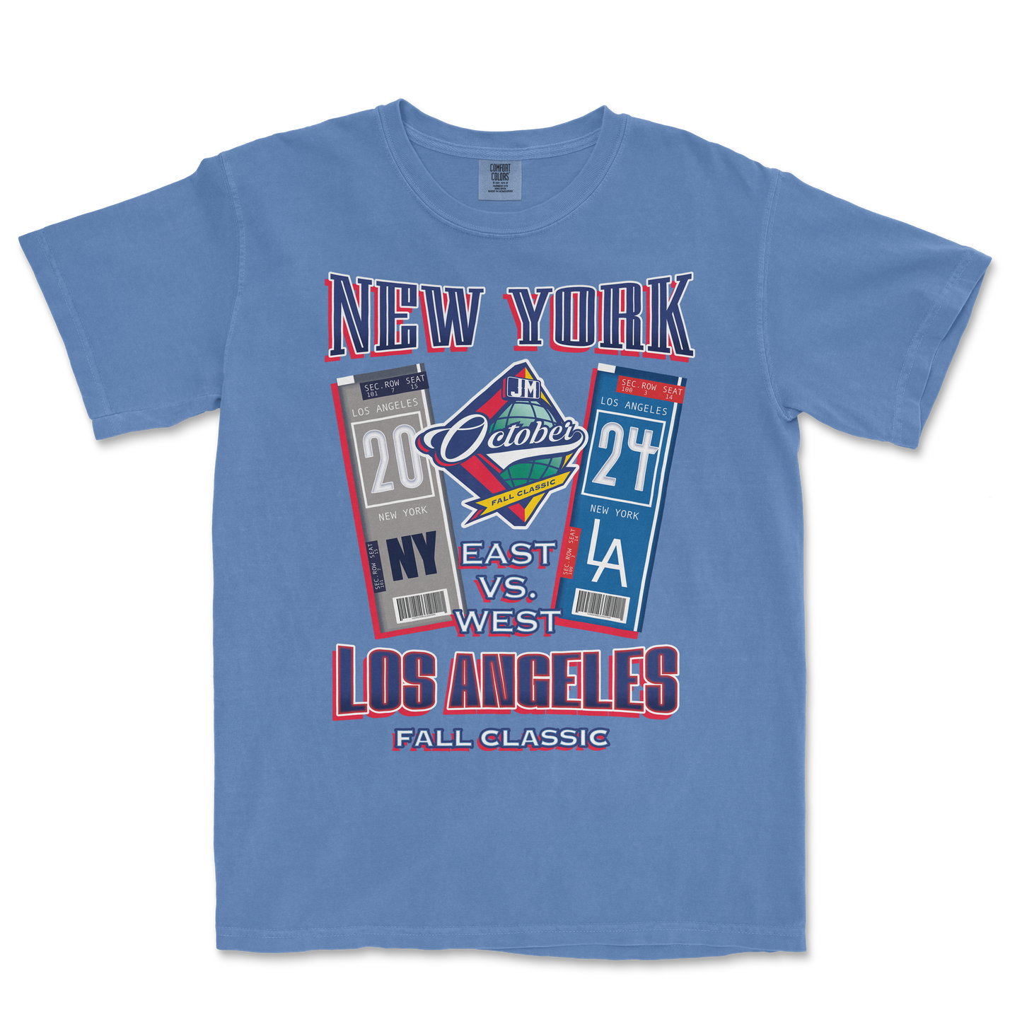 Blue T-shirt featuring a graphic design with tickets, text, and logos for the 2024 Los Angeles Fall Classic baseball game.
