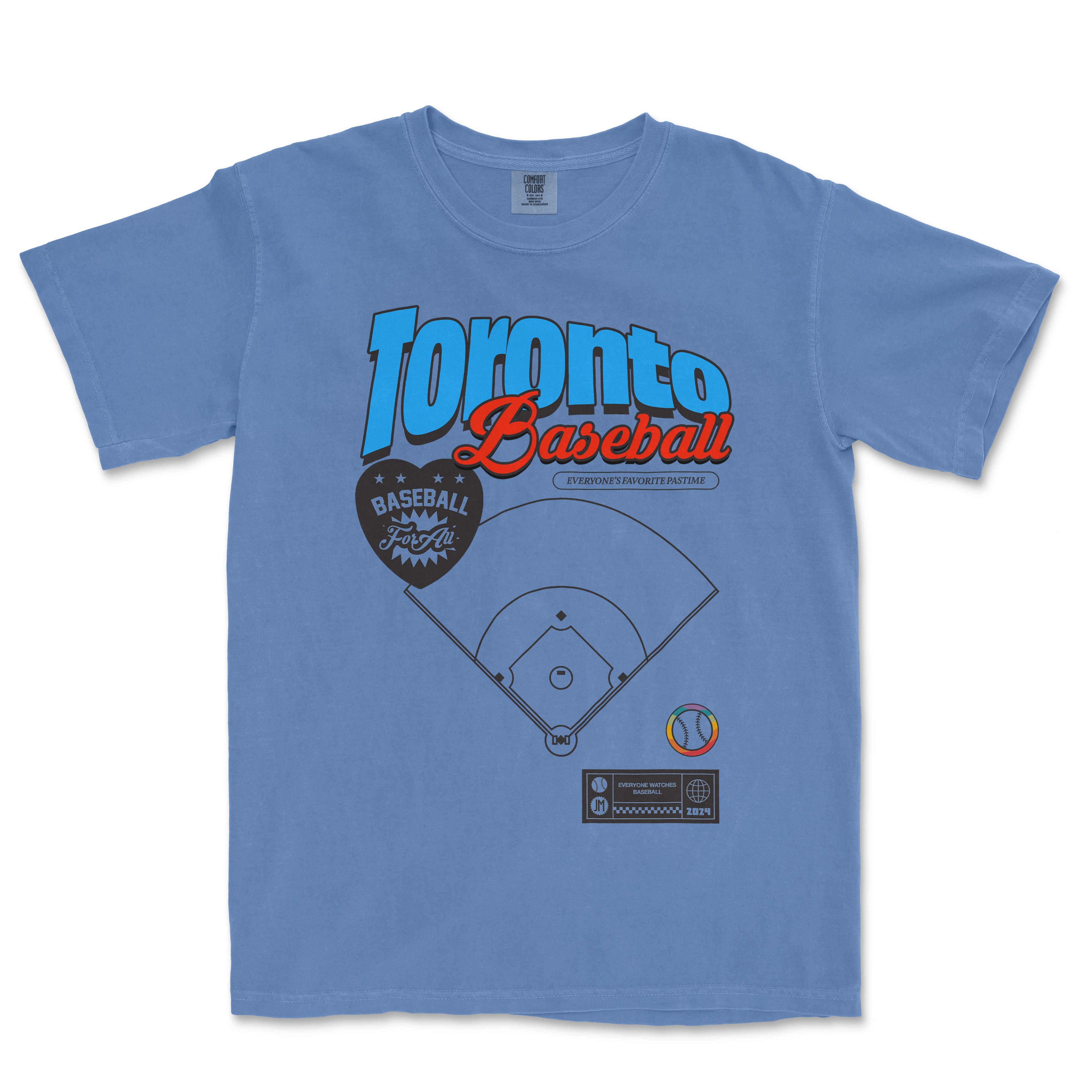 Blue T-shirt featuring a colorful graphic design with "Toronto Baseball" text, a baseball diamond, and various sports icons.