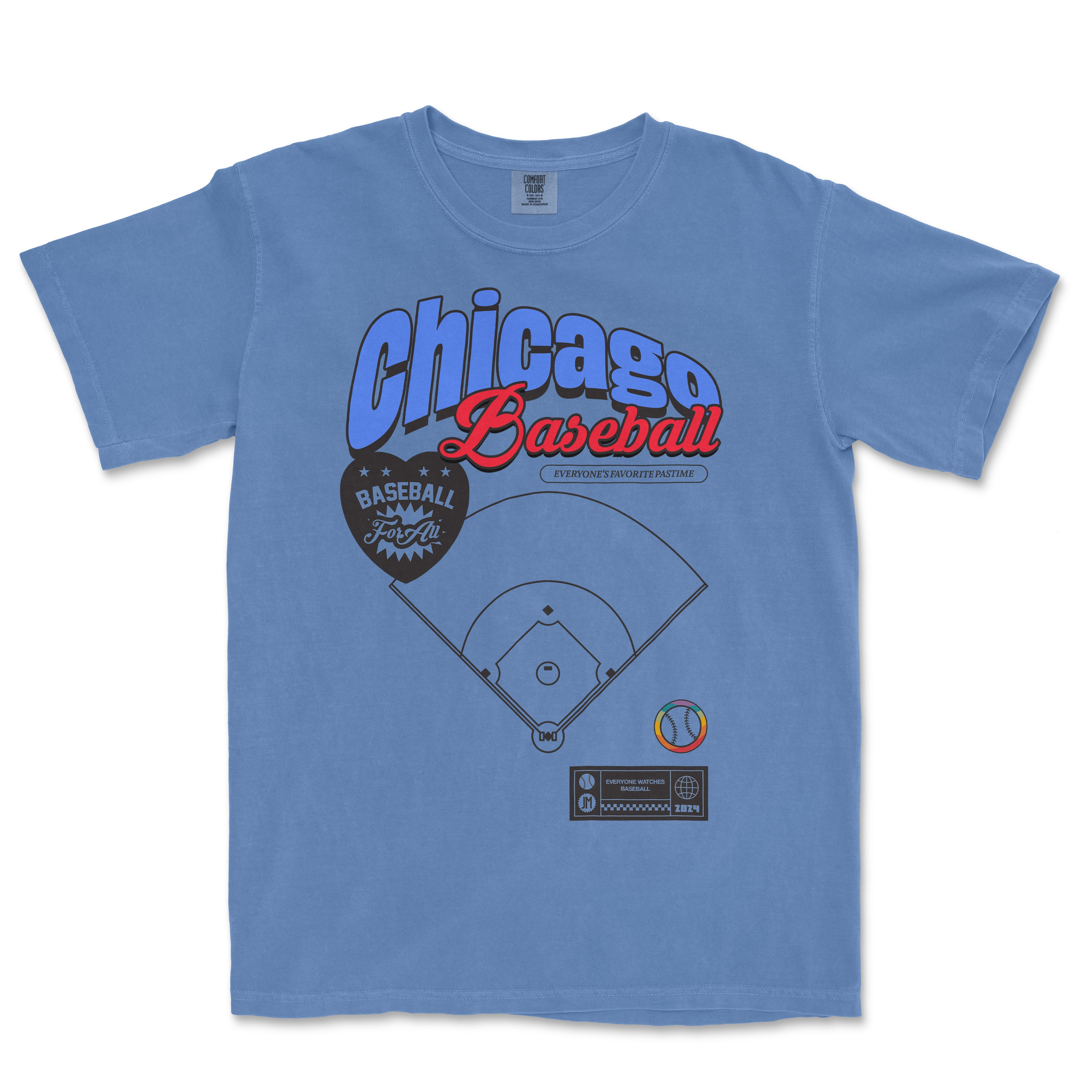 Blue vintage-style Comfort Colors T-shirt featuring "Chicago Baseball" text, a baseball diamond graphic, and colorful baseball icon.