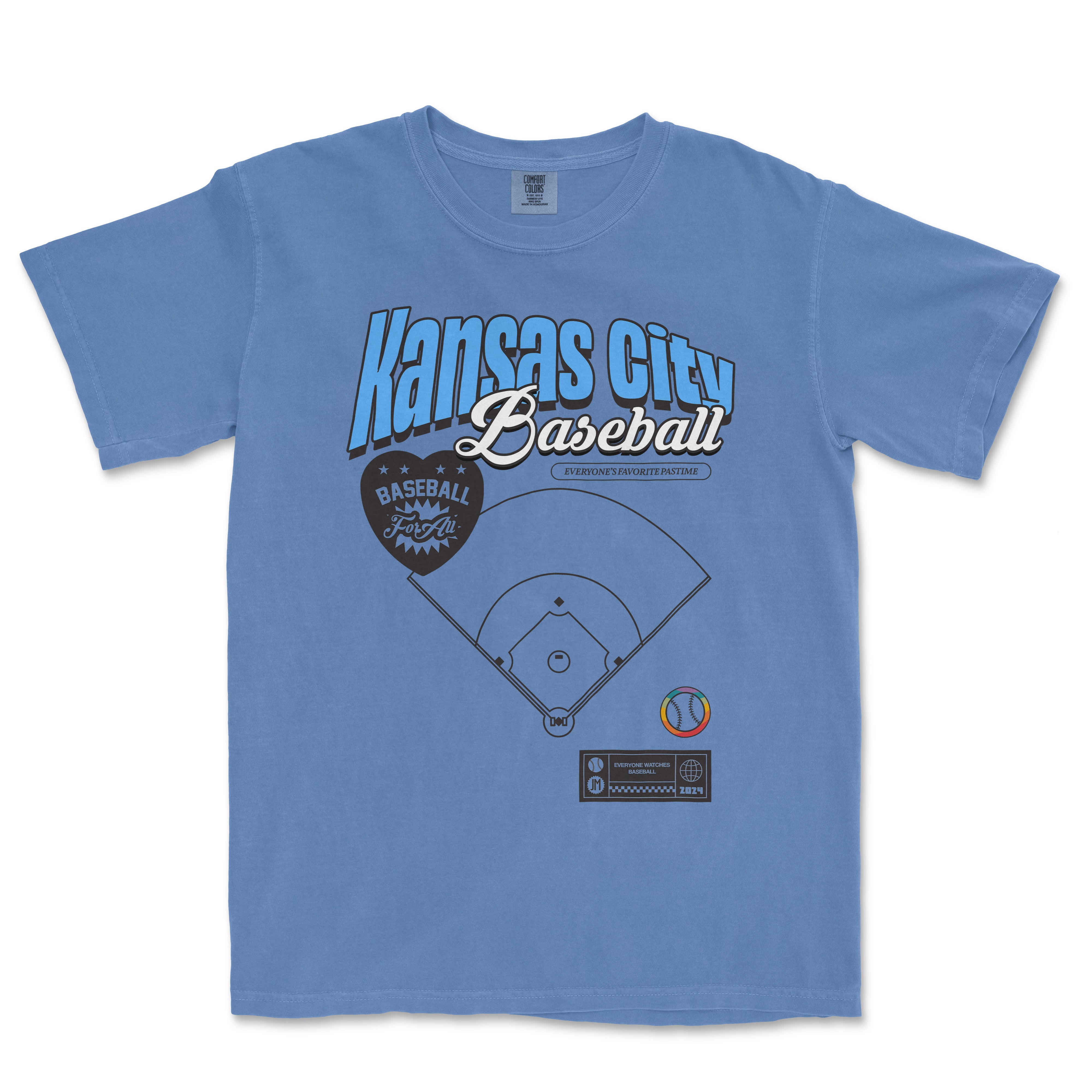 Blue Comfort Colors vintage T-shirt featuring "Kansas City Baseball Pride" text, a baseball field graphic, and team-themed design elements.