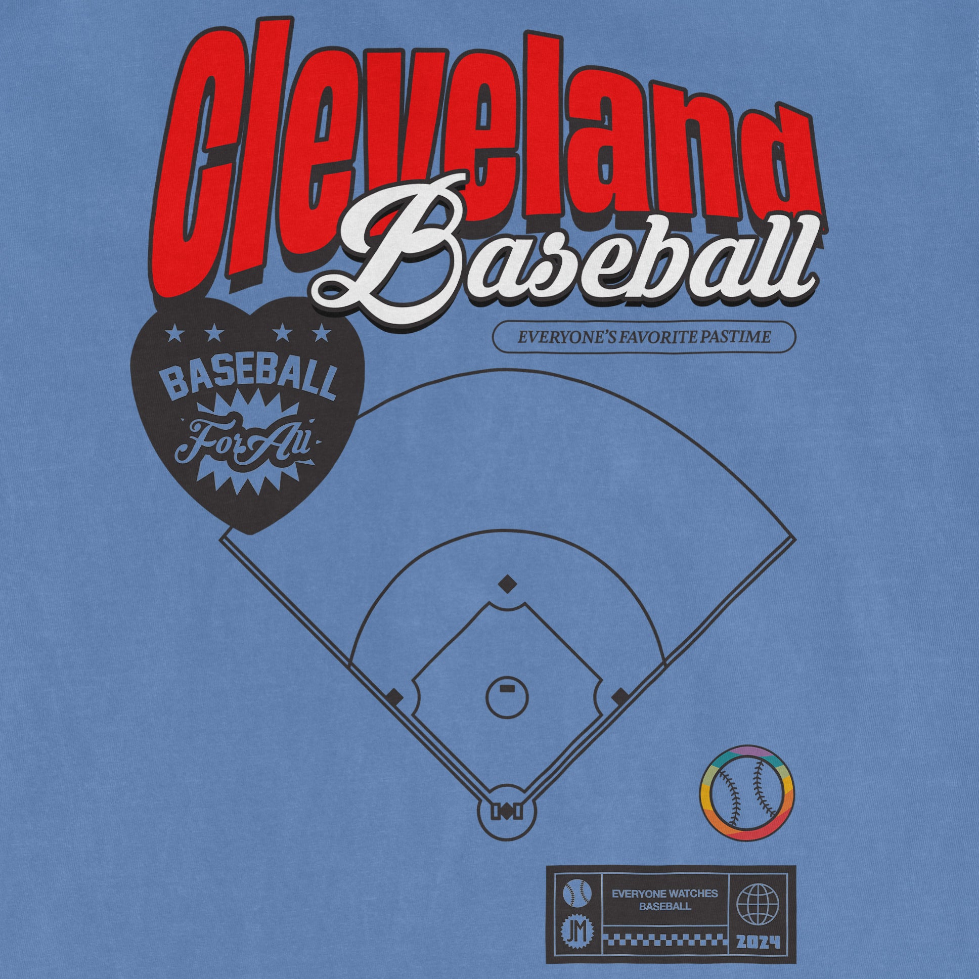 Blue Comfort Colors Vintage Tee featuring Cleveland Baseball Pride text, a baseball diamond graphic, and colorful baseball icon.