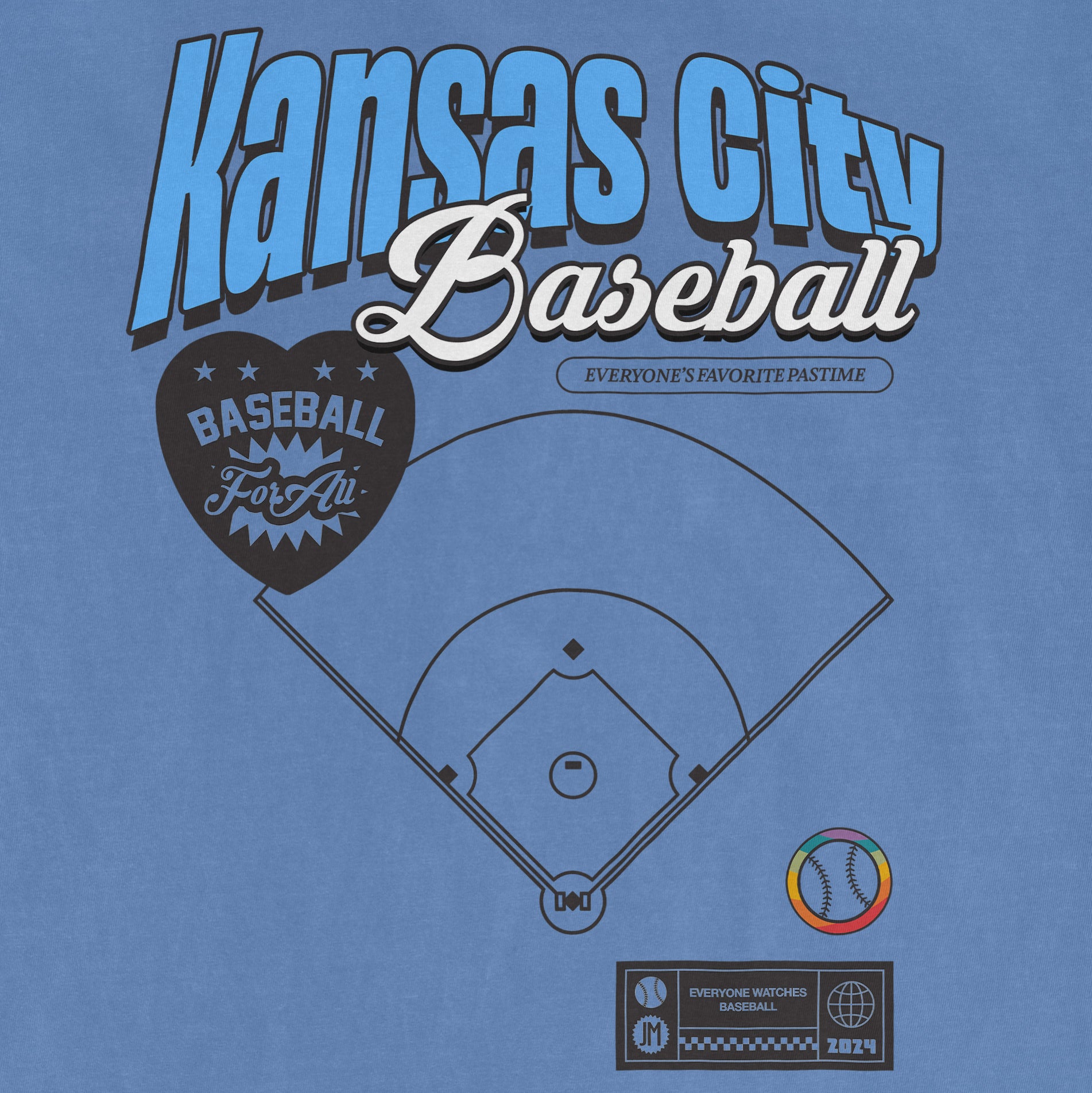 Blue Comfort Colors vintage tee featuring a Kansas City Baseball Pride design with a baseball field diagram, rainbow-colored baseball, and text.